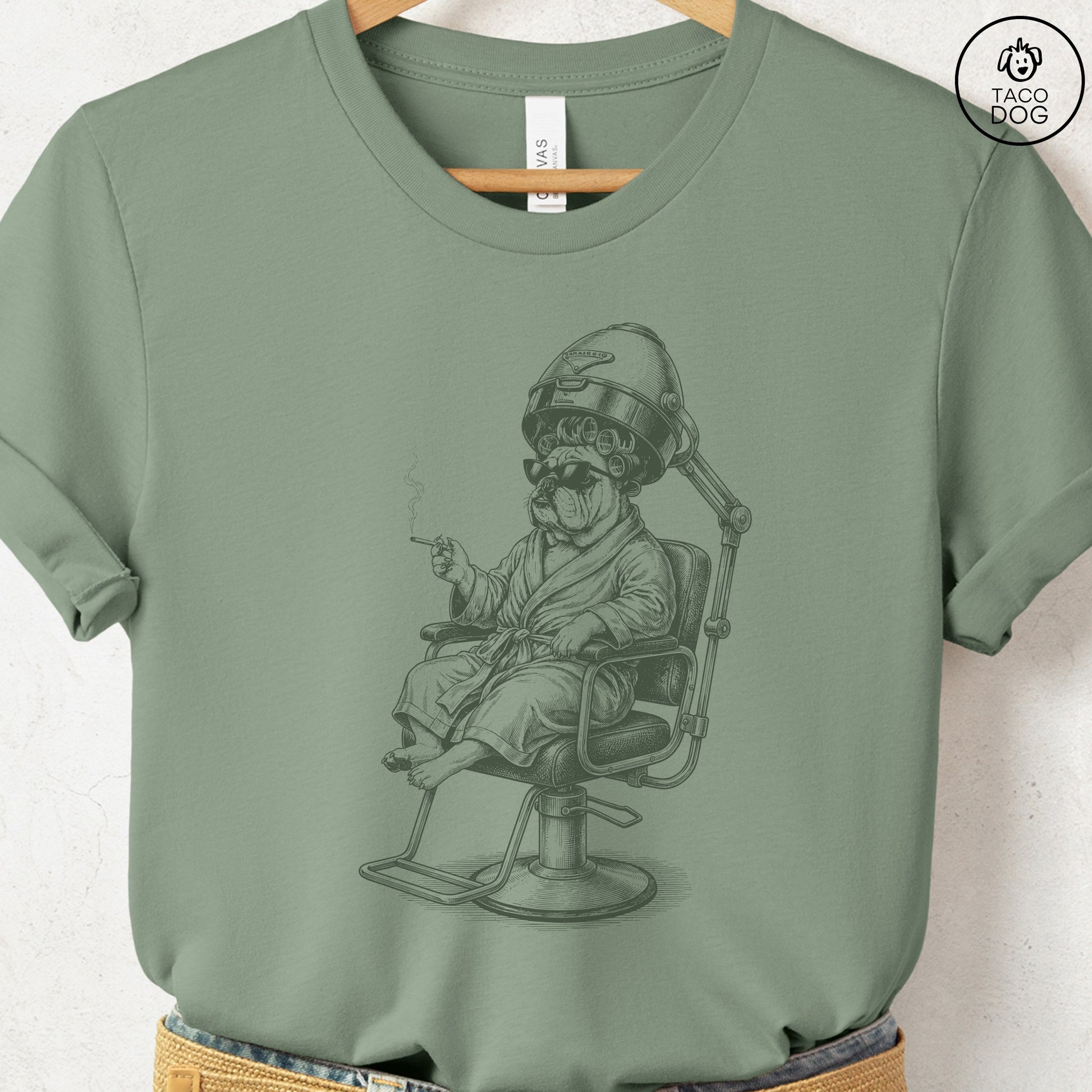 English Bulldog Beauty Shop T-Shirt Sage S Taco-Dog