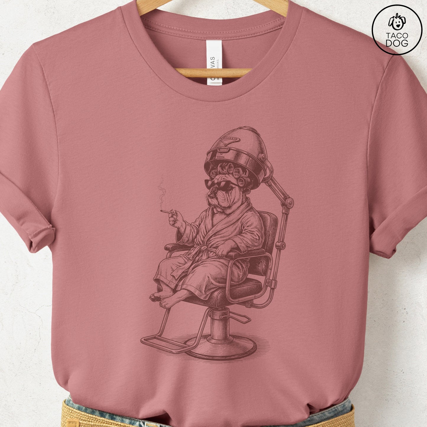 English Bulldog Beauty Shop T-Shirt Heather Mauve S Taco-Dog