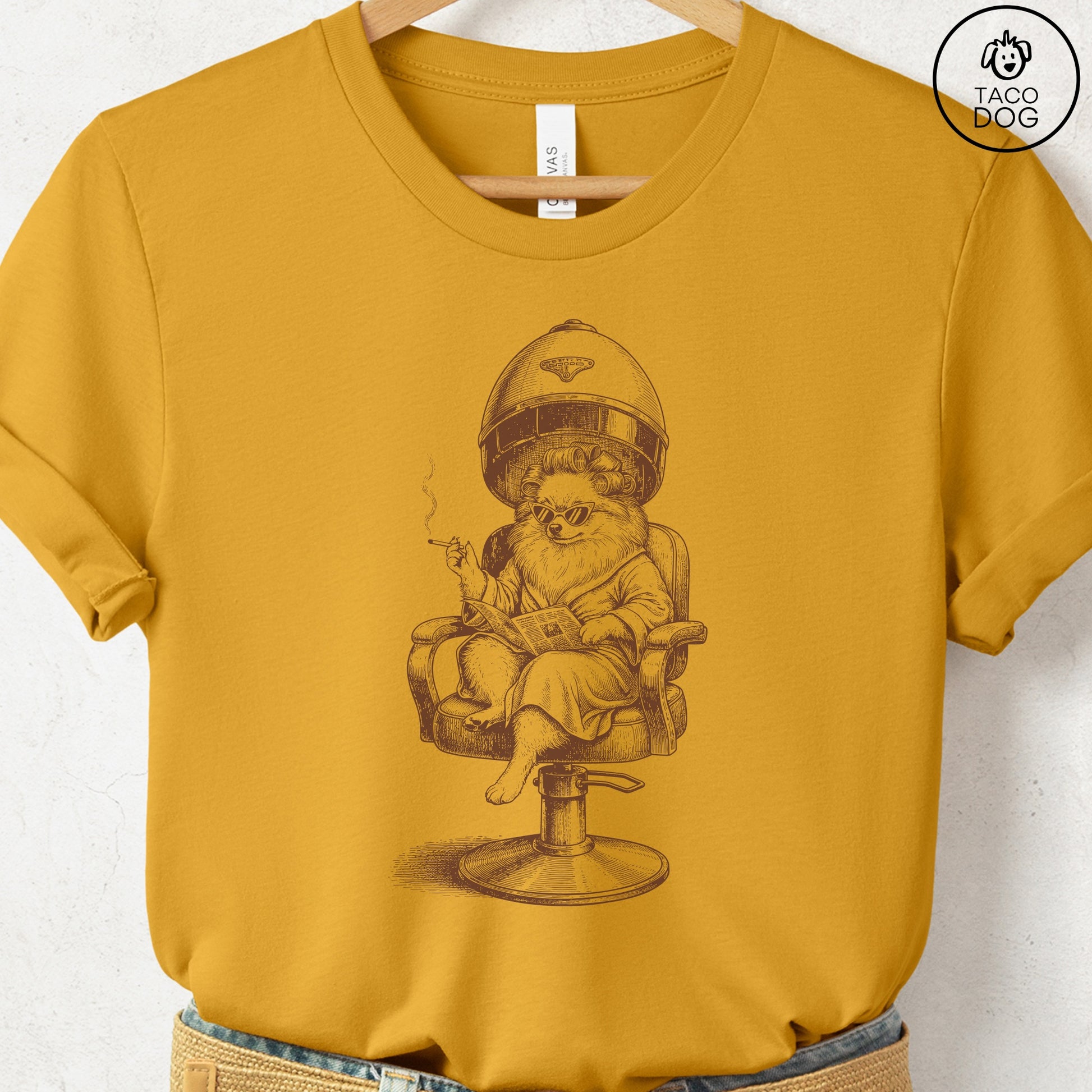 Pomeranian Beauty Shop T-Shirt Mustard S Taco-Dog