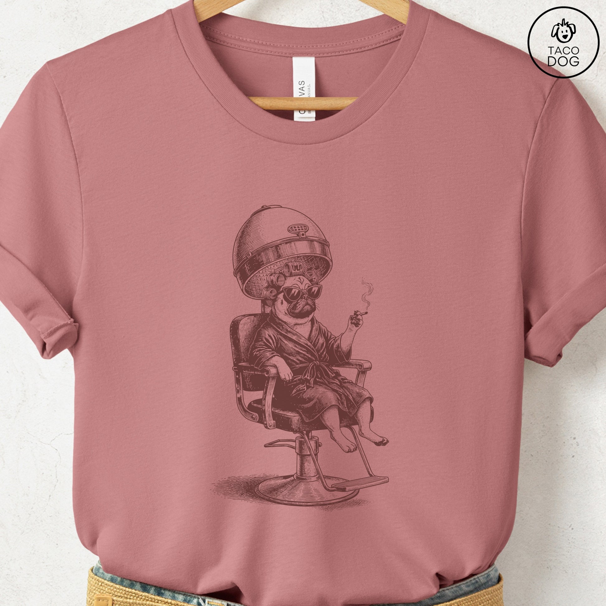 Pug Beauty Shop T-Shirt Heather Mauve S Taco-Dog