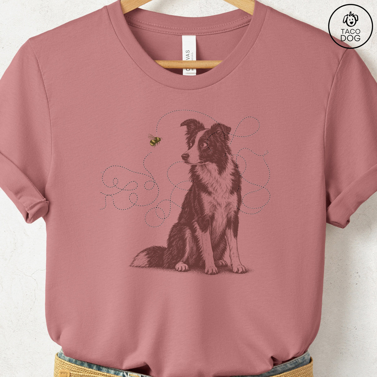 Border Collie Bee T-Shirt Heather Mauve Taco-Dog