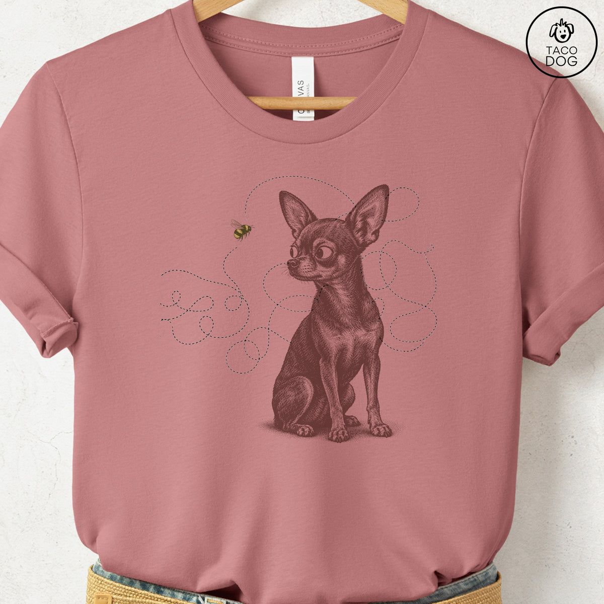 Chihuahua Bee T-Shirt Heather Mauve Taco-Dog