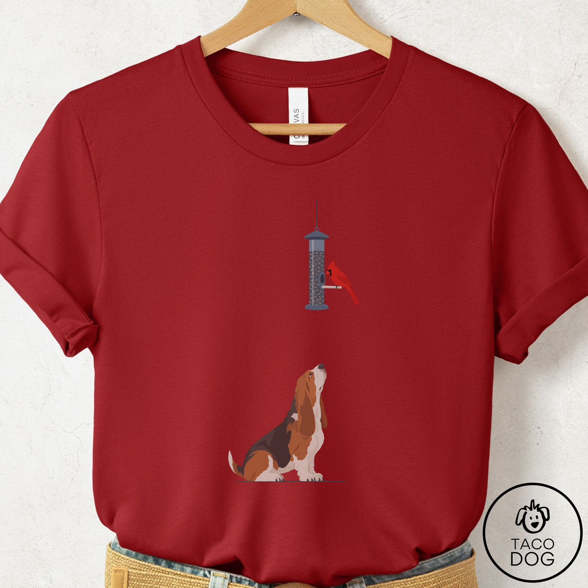 Basset Hound Birder T-Shirt Canvas Red Taco-Dog