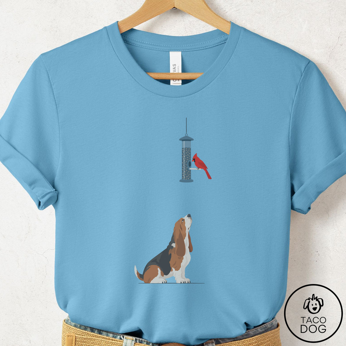 Basset Hound Birder T-Shirt Ocean Blue Taco-Dog