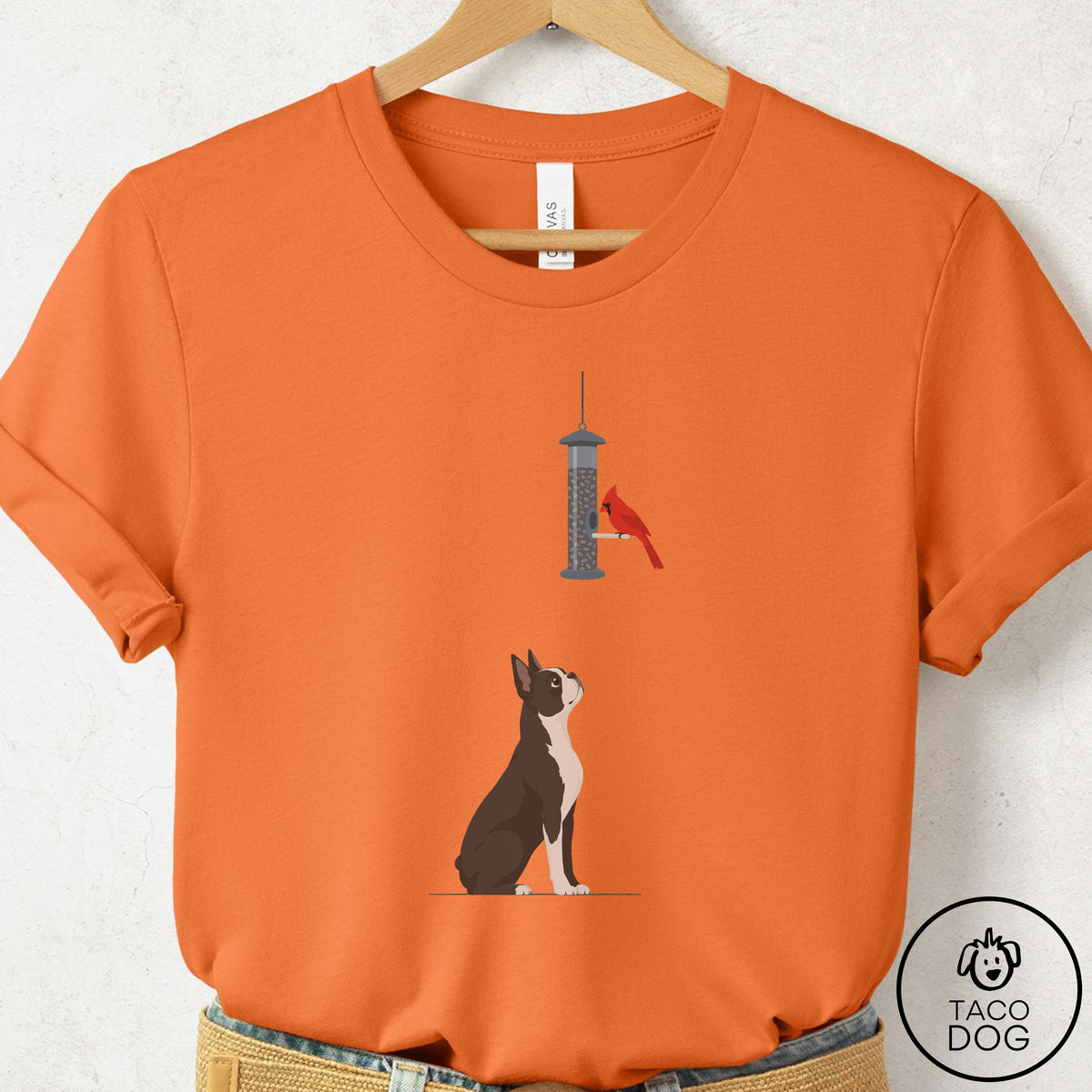 Boston Terrier Birder T-Shirt Burnt Orange Taco-Dog