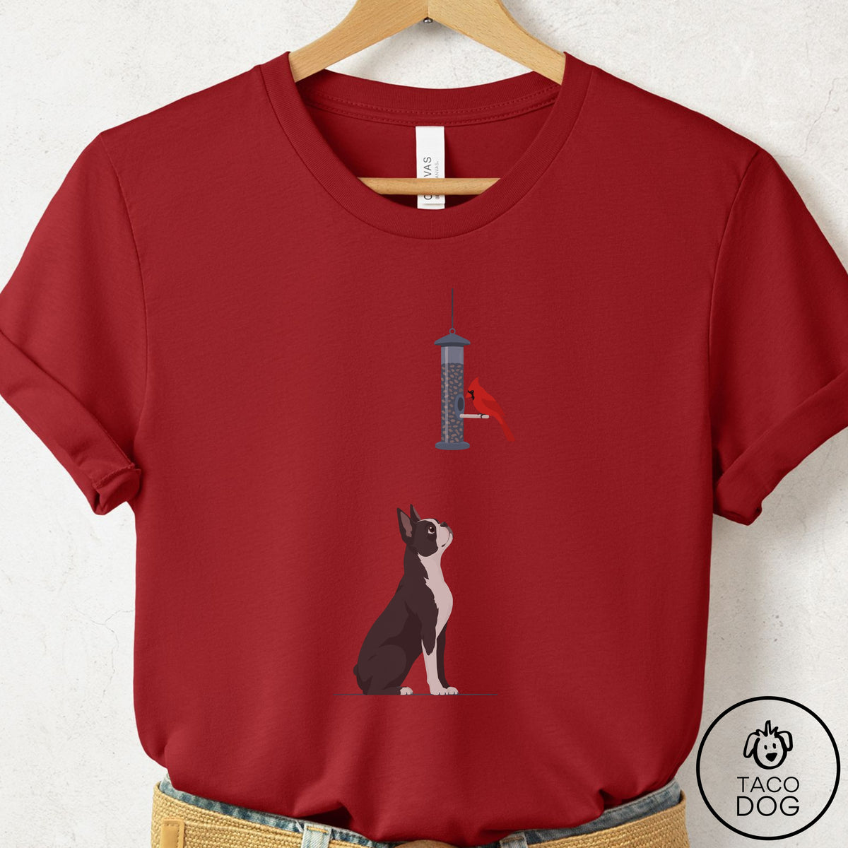 Boston Terrier Birder T-Shirt Canvas Red Taco-Dog