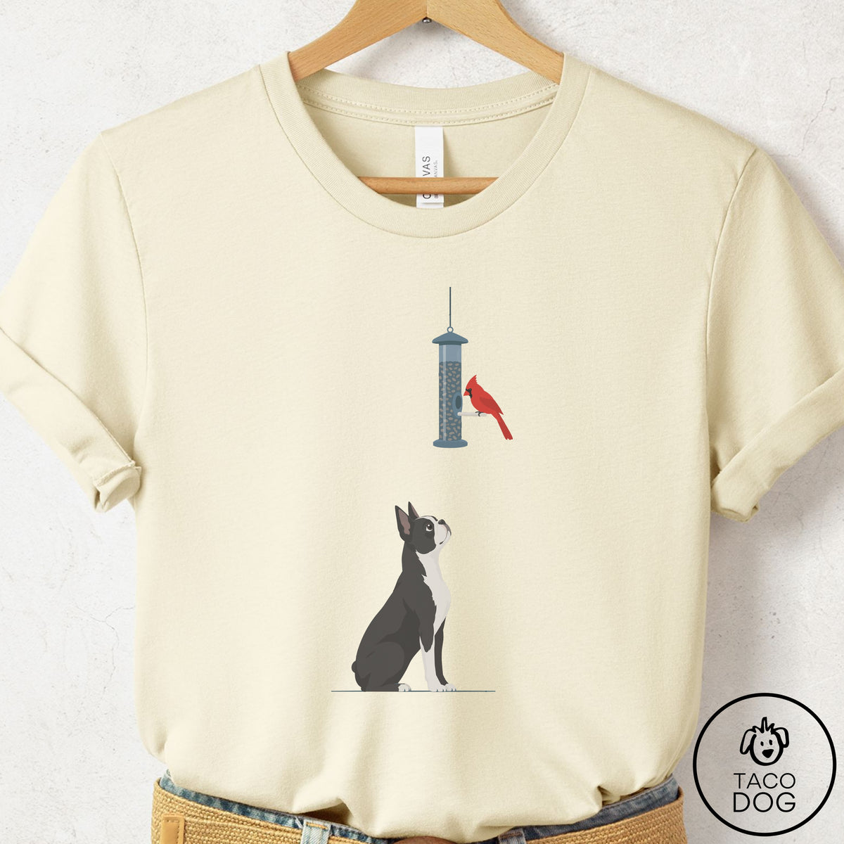 Boston Terrier Birder T-Shirt Natural Taco-Dog