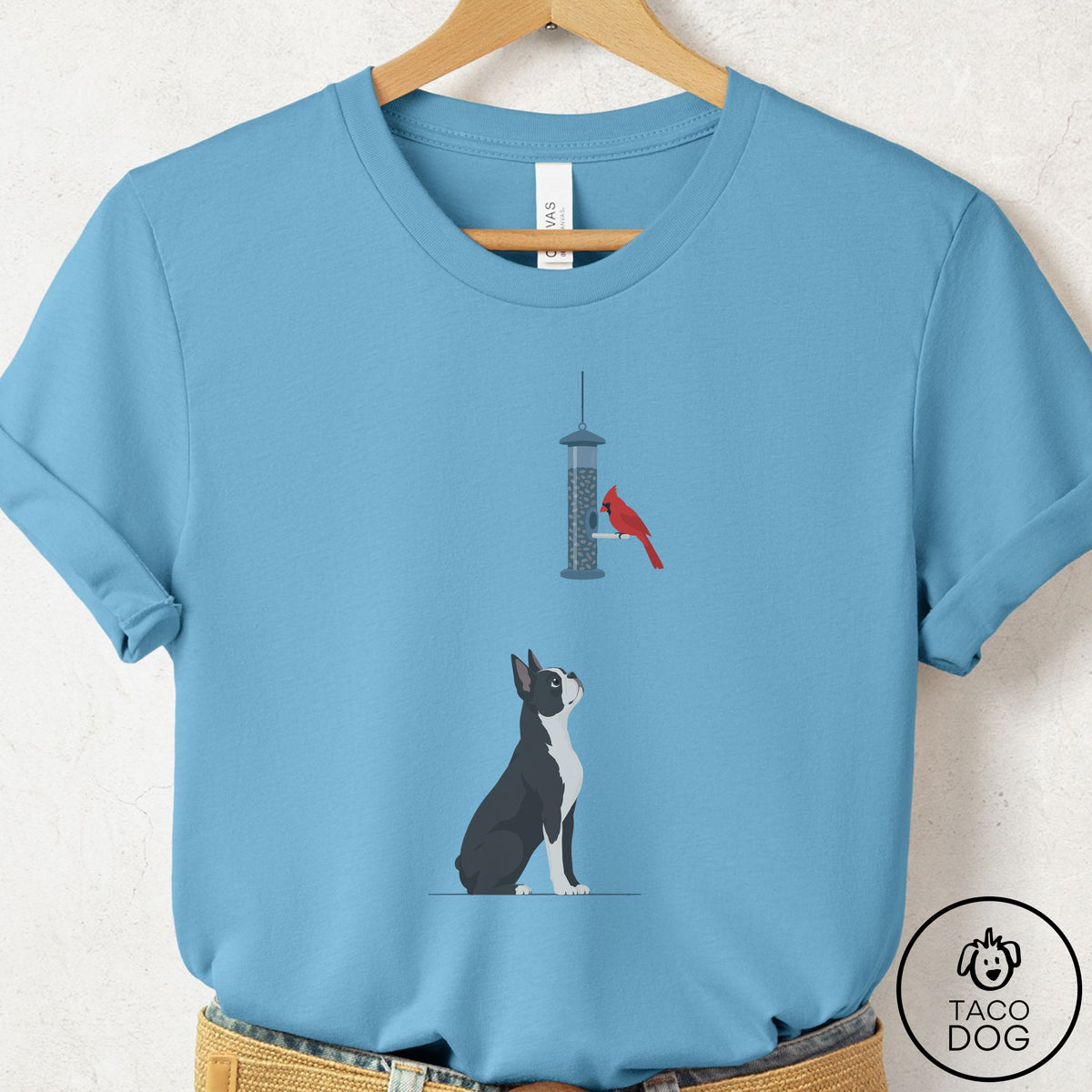 Boston Terrier Birder T-Shirt Ocean Blue Taco-Dog