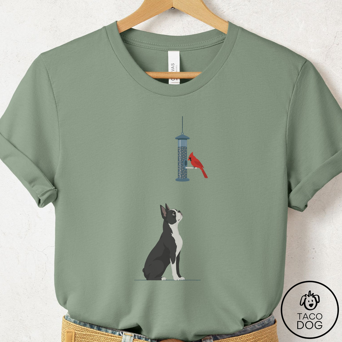 Boston Terrier Birder T-Shirt Sage Taco-Dog
