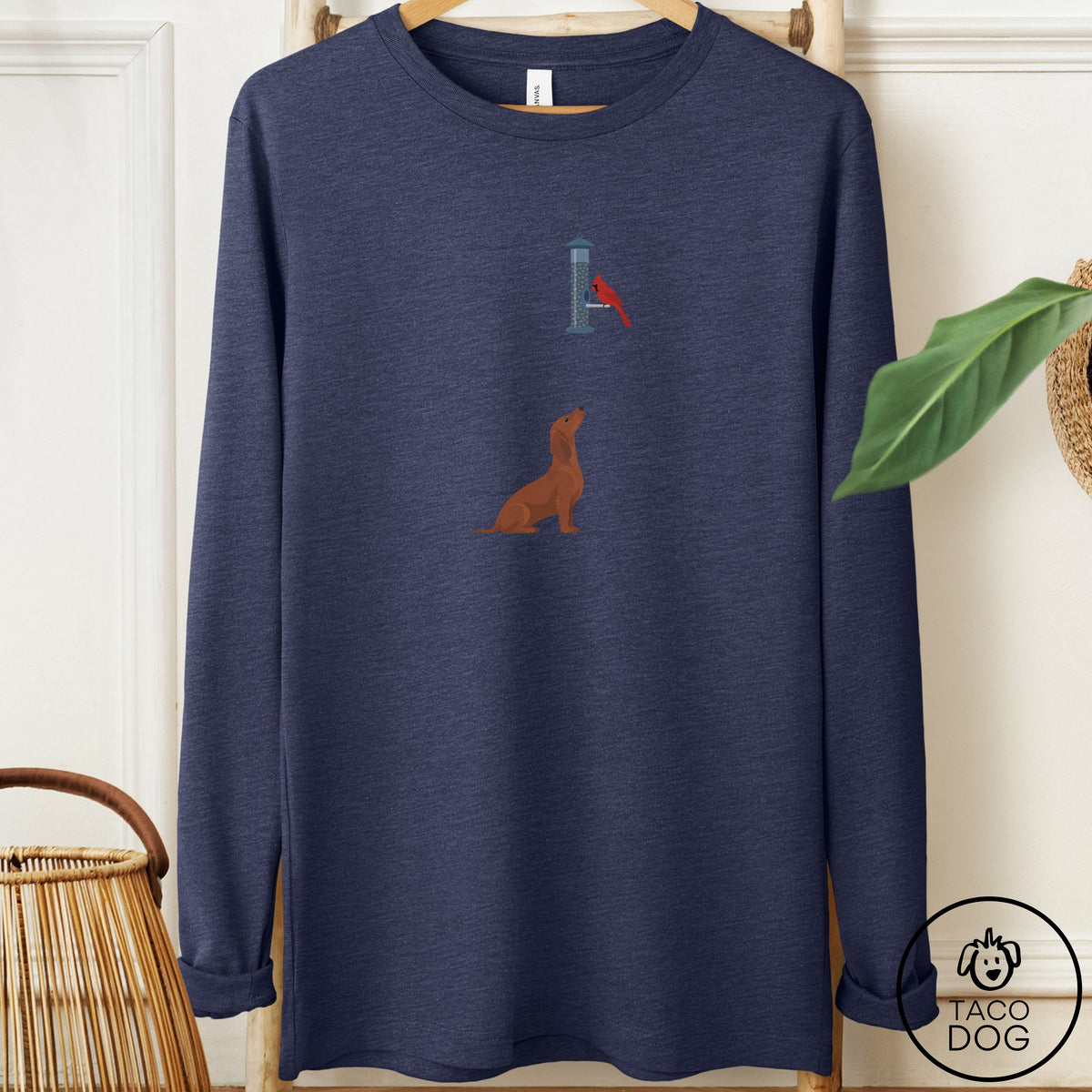 Dachshund Birder Long Sleeve Tee Heather Navy Taco-Dog
