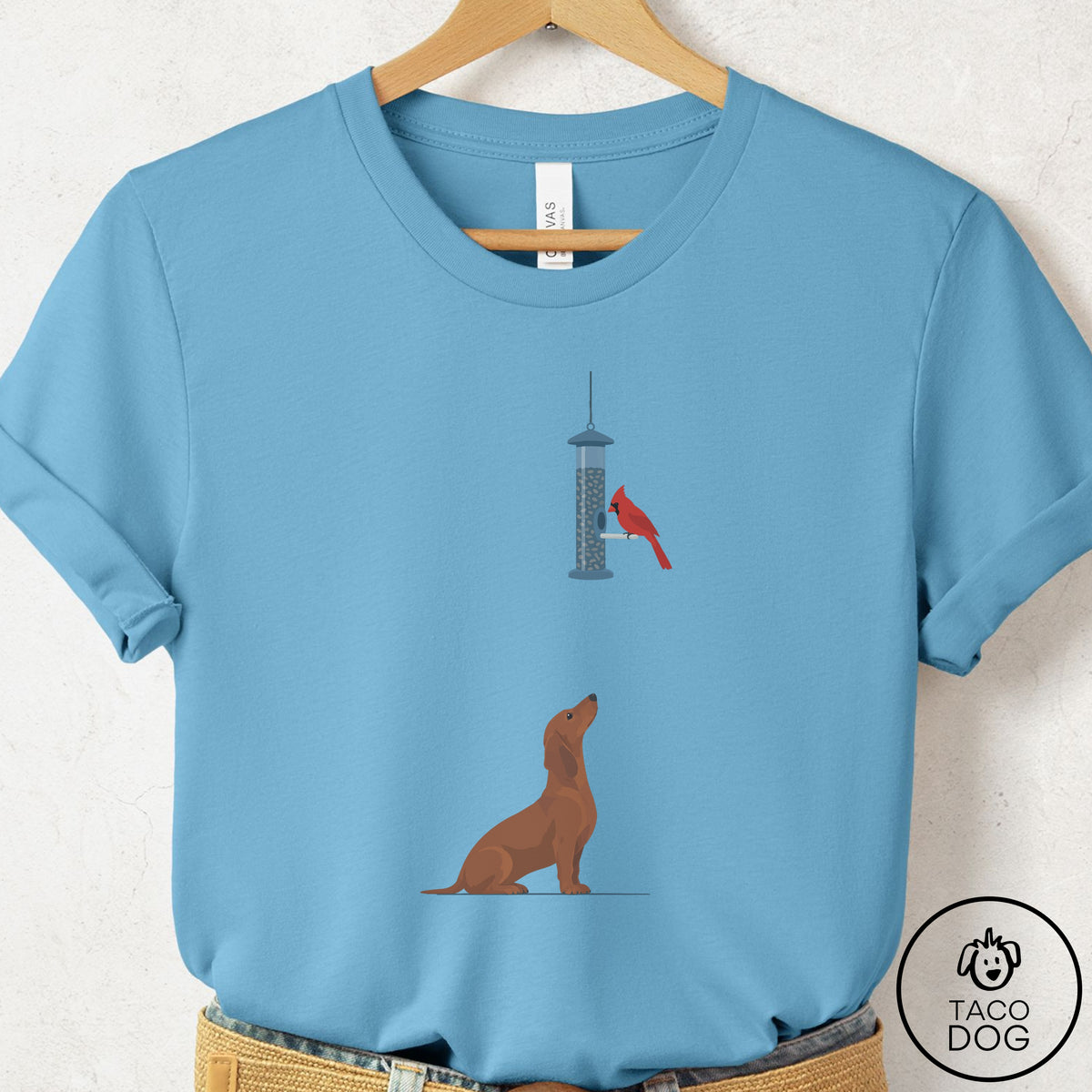 Dachshund Birder T-Shirt Ocean Blue Taco-Dog