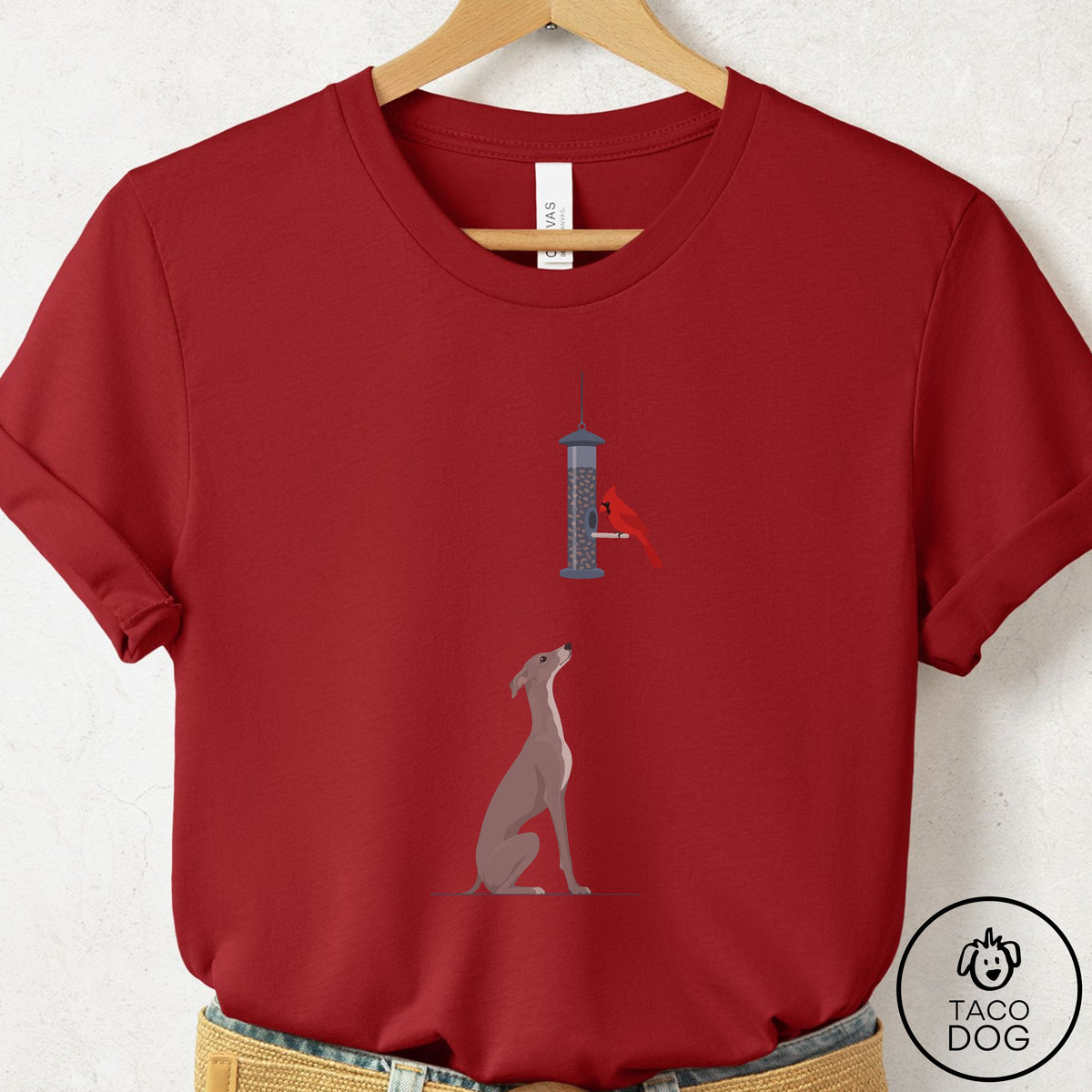 Italian Greyhound Whippet Birder T-Shirt Canvas Red Taco-Dog