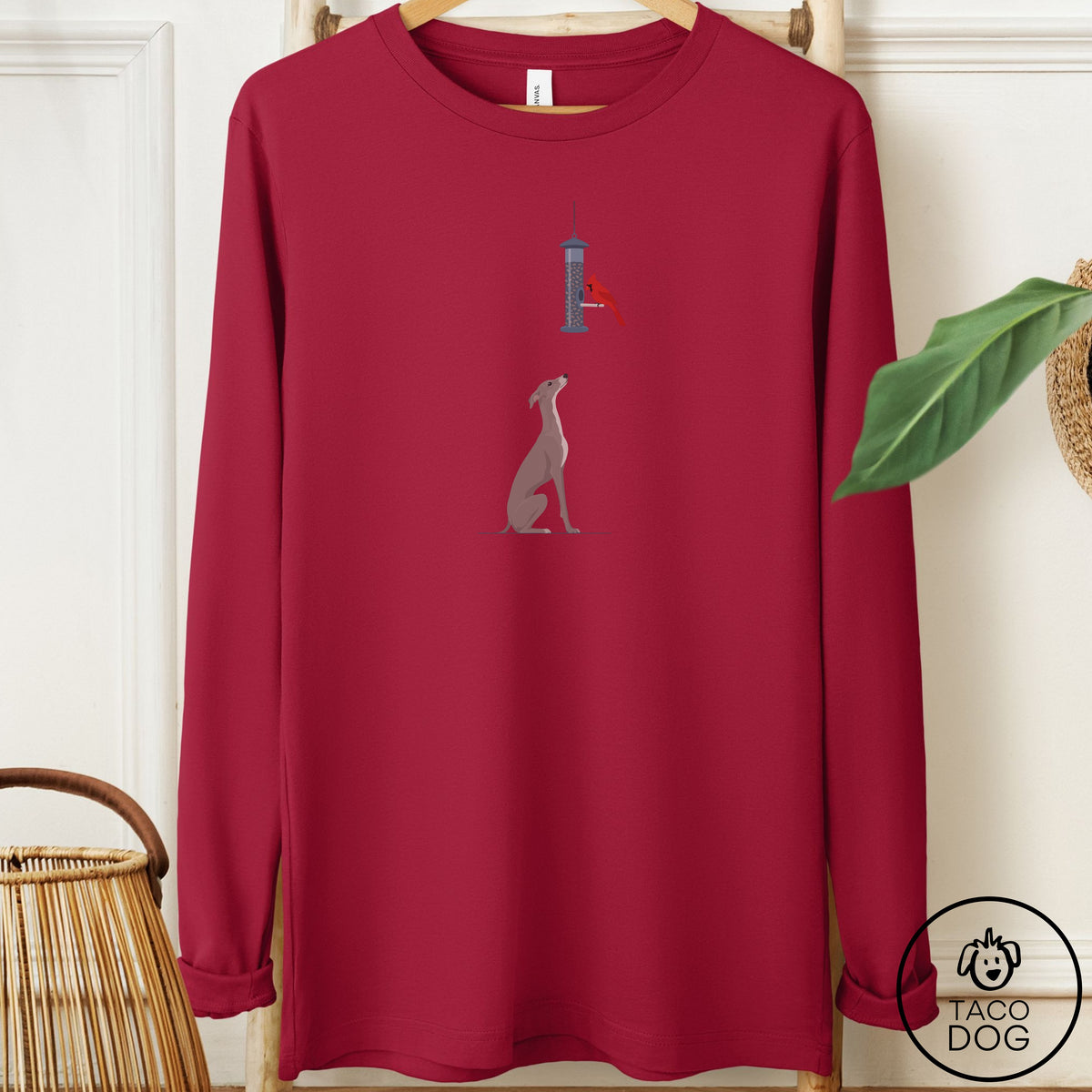 Italian Greyhound Whippet Birder Long Sleeve Tee Cardinal Taco-Dog