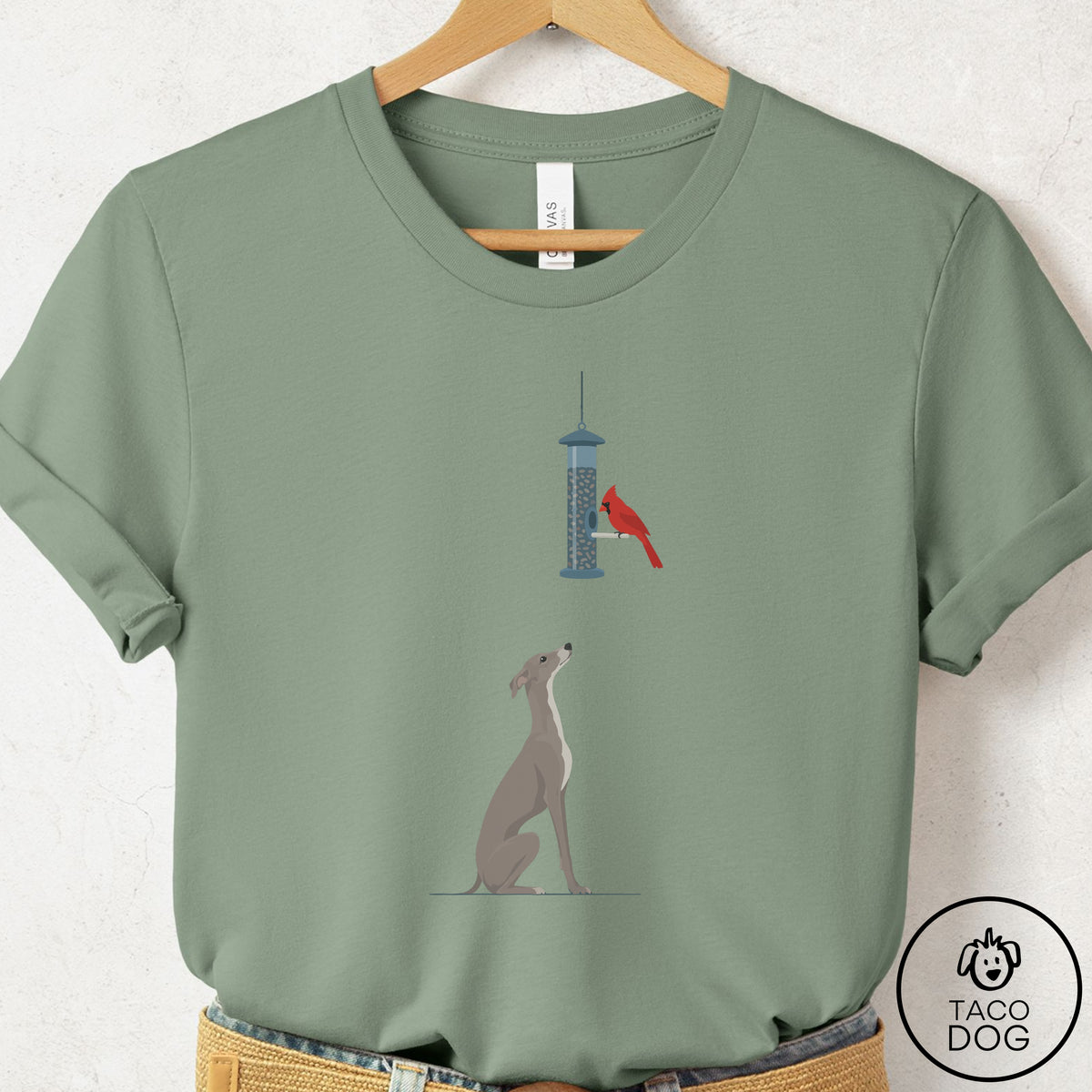 Italian Greyhound Whippet Birder T-Shirt Sage Taco-Dog