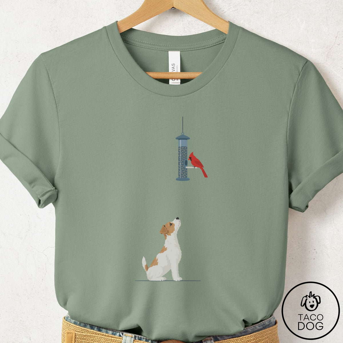 Jack Russell Birder T-Shirt Sage Taco-Dog