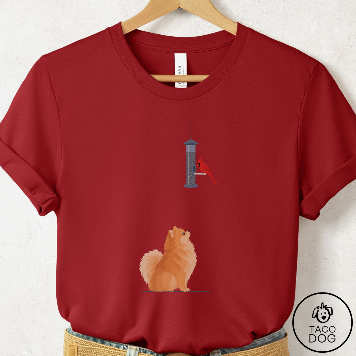 Pomeranian Birder T-Shirt Canvas Red Taco-Dog
