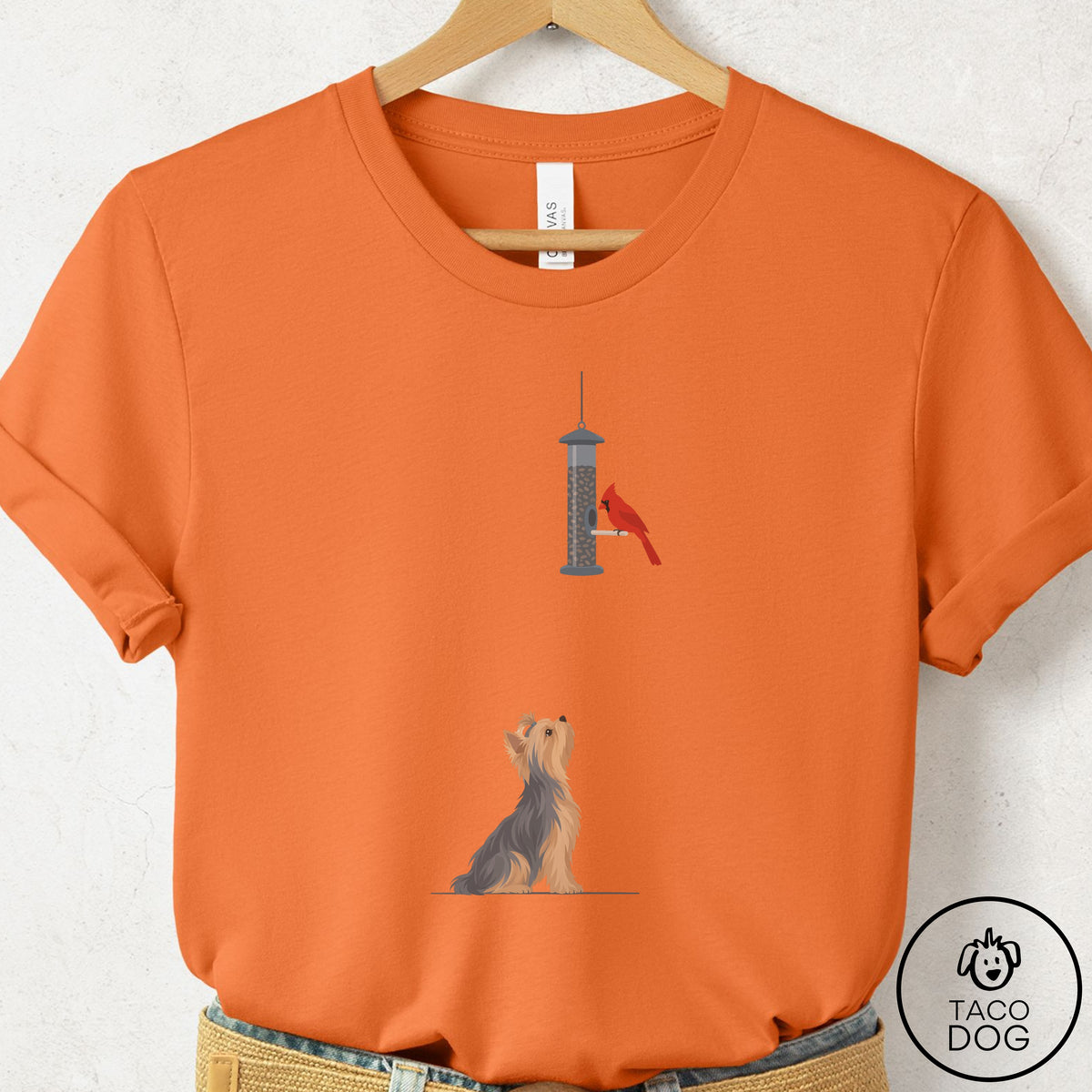 Yorkshire Terrier Yorkie Birder T-Shirt Burnt Orange Taco-Dog