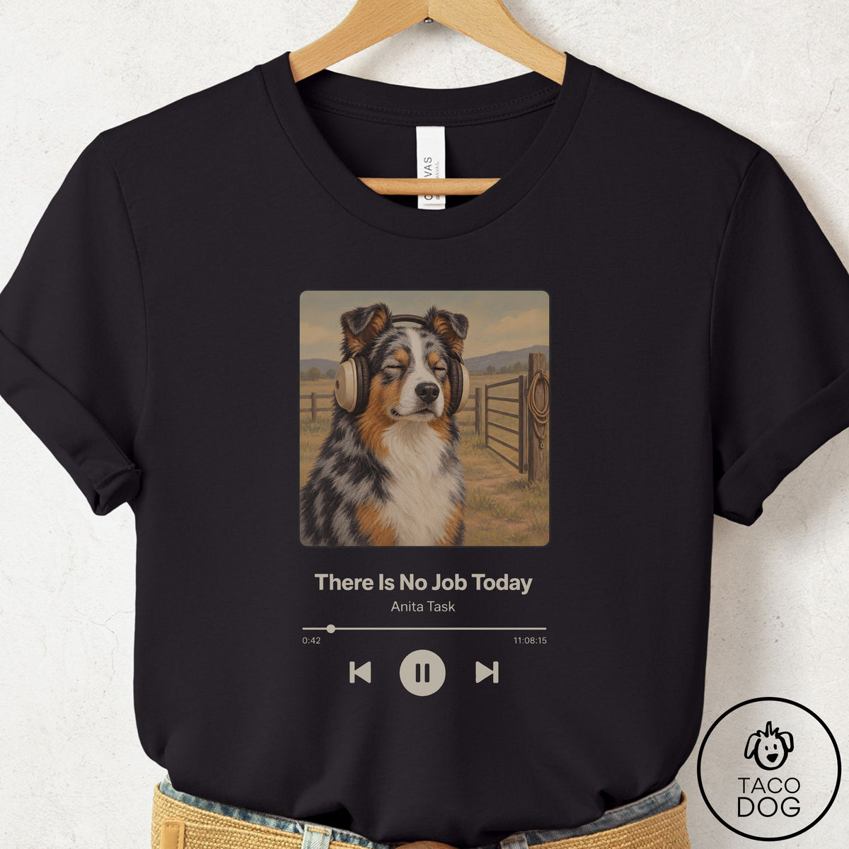Australian Shepherd Book on Tape T-Shirt Black Taco-Dog