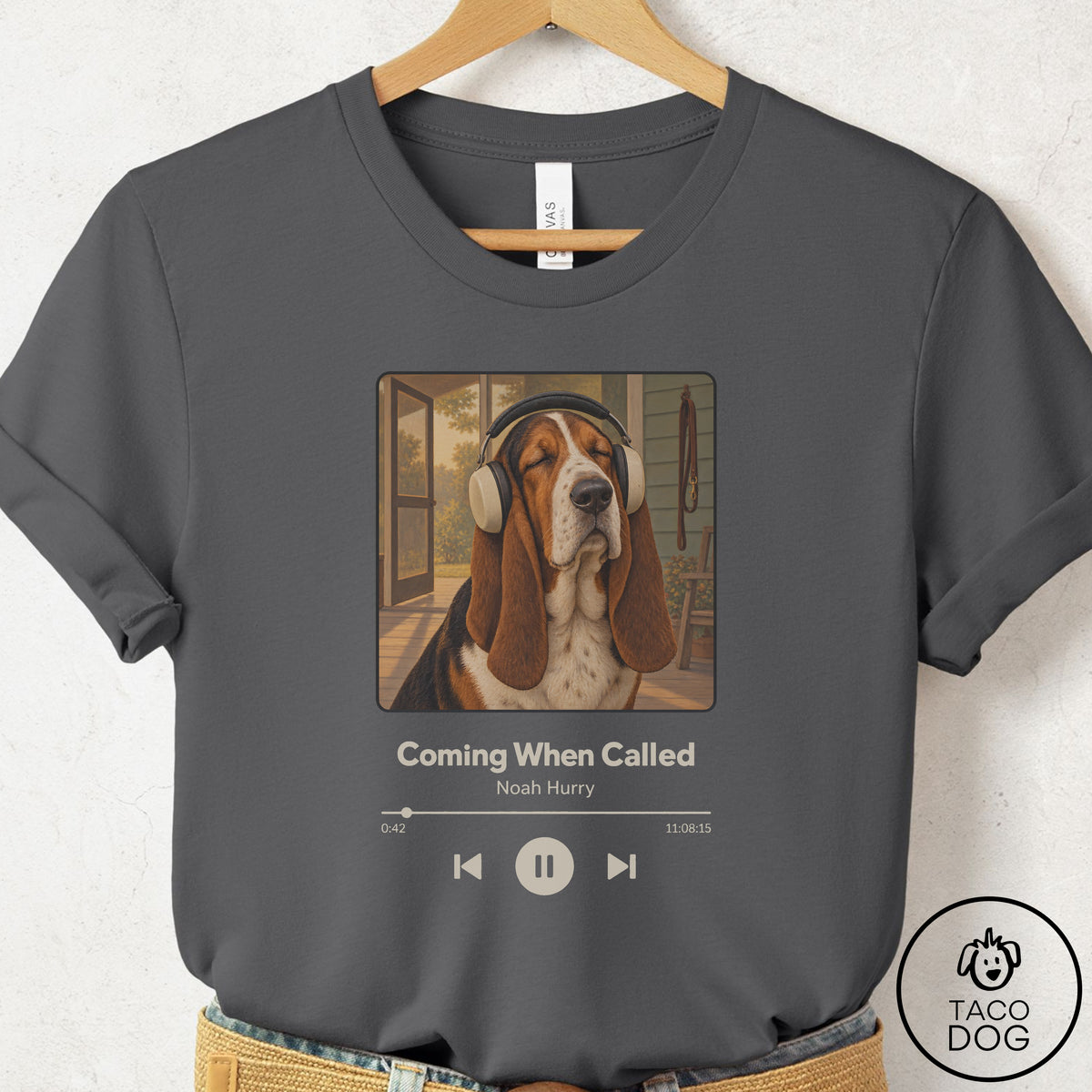Basset Hound Book on Tape T-Shirt Asphalt Taco-Dog