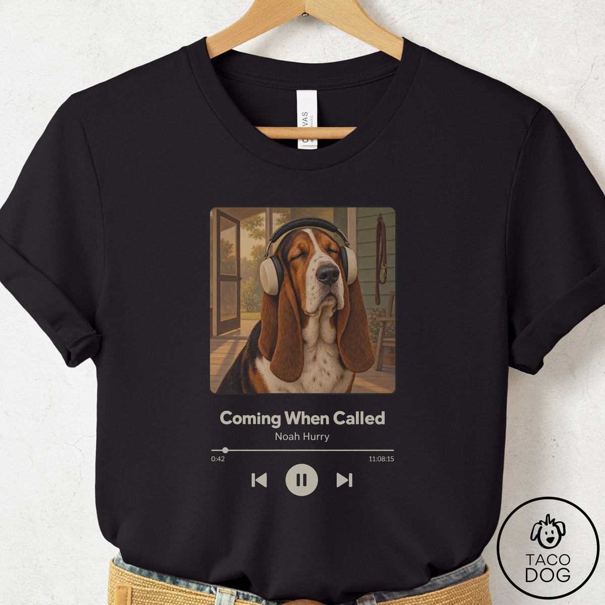 Basset Hound Book on Tape T-Shirt Black Taco-Dog