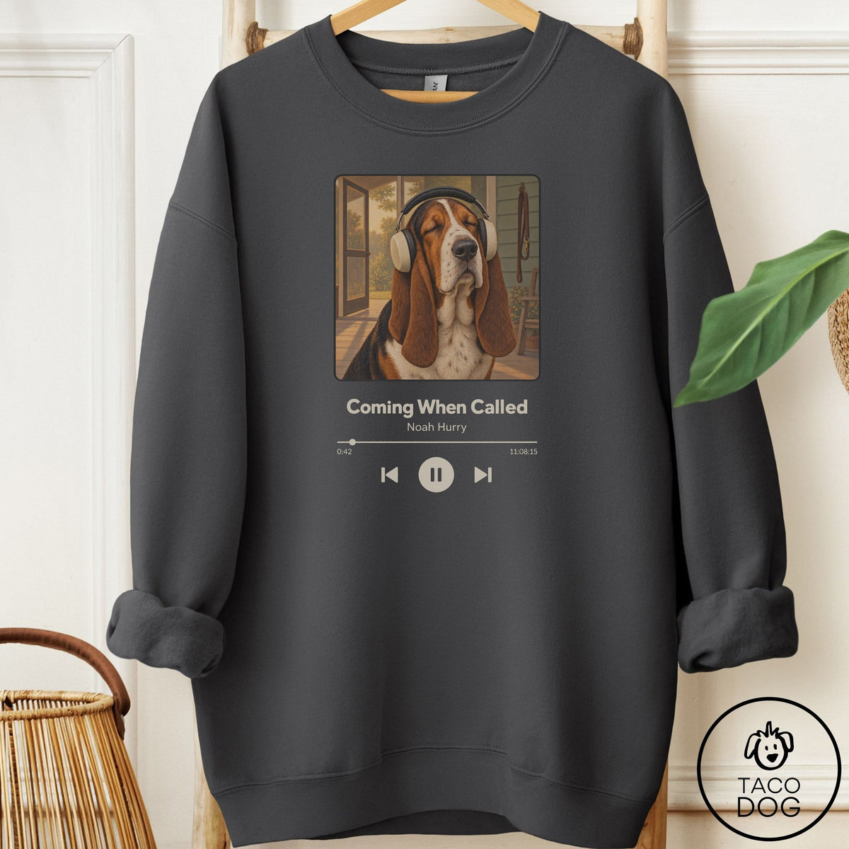 Basset Hound Book on Tape Sweatshirt Charcoal Taco-Dog
