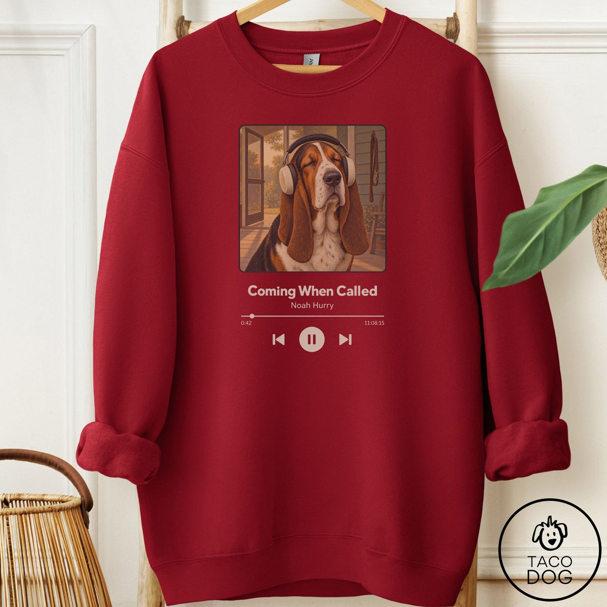 Basset Hound Book on Tape Sweatshirt Garnet Taco-Dog