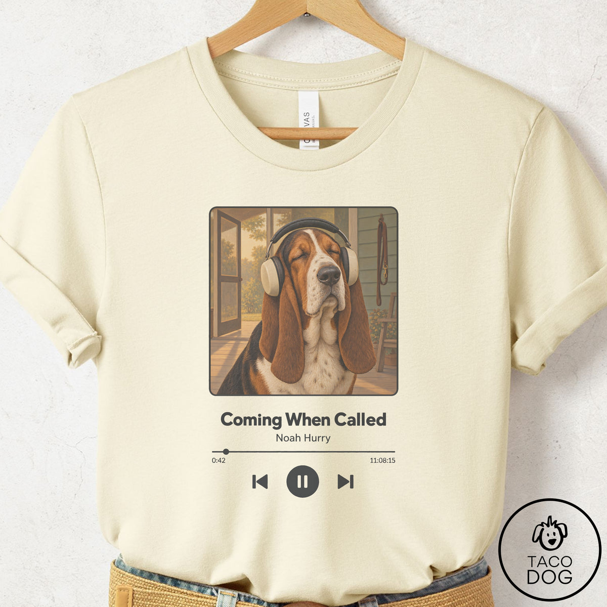 Basset Hound Book on Tape T-Shirt Natural Taco-Dog