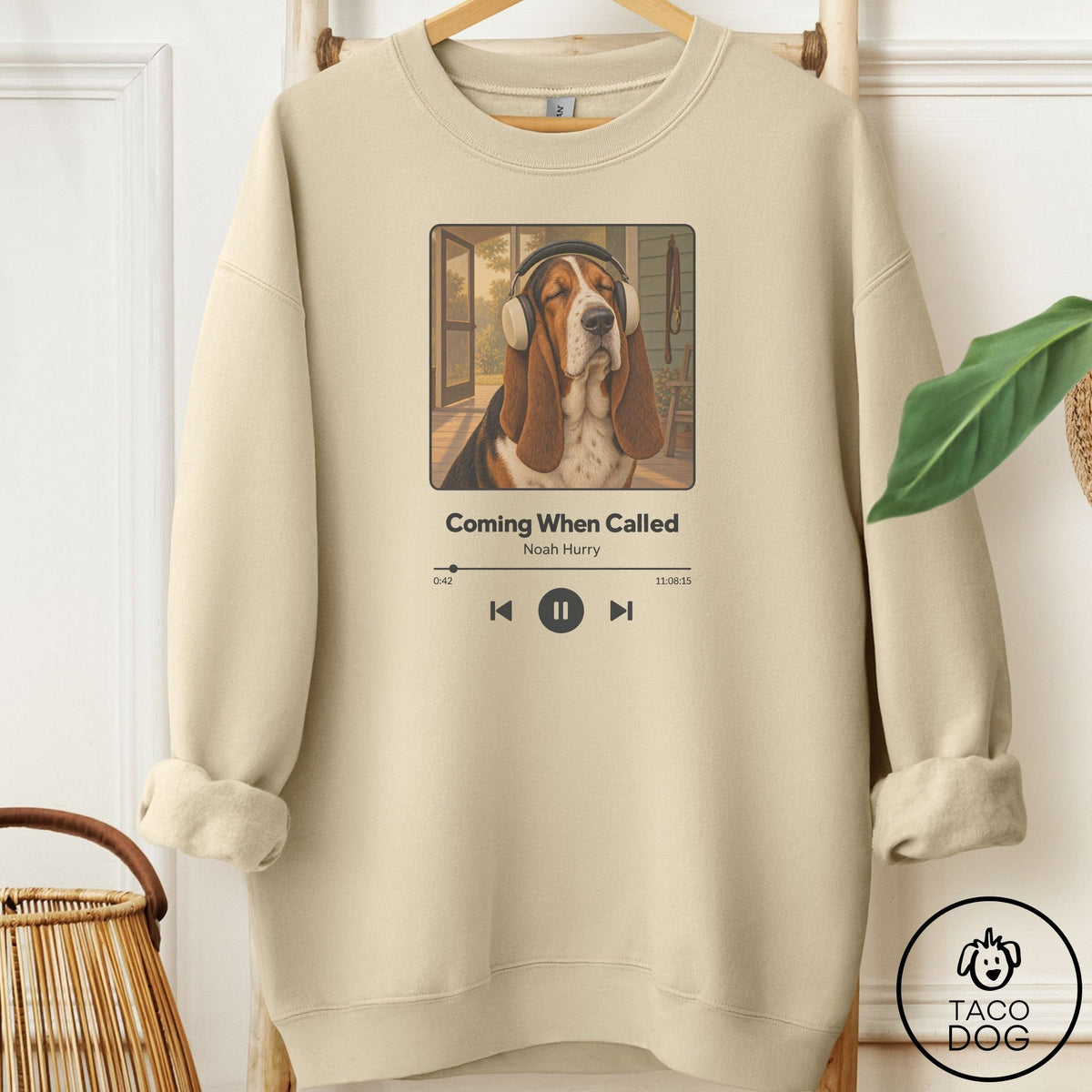 Basset Hound Book on Tape Sweatshirt Sand Taco-Dog