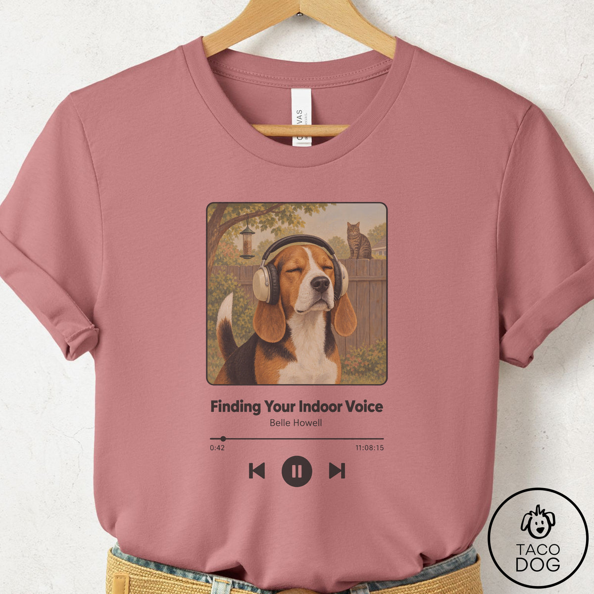 Beagle Book on Tape T-Shirt Mauve Taco-Dog