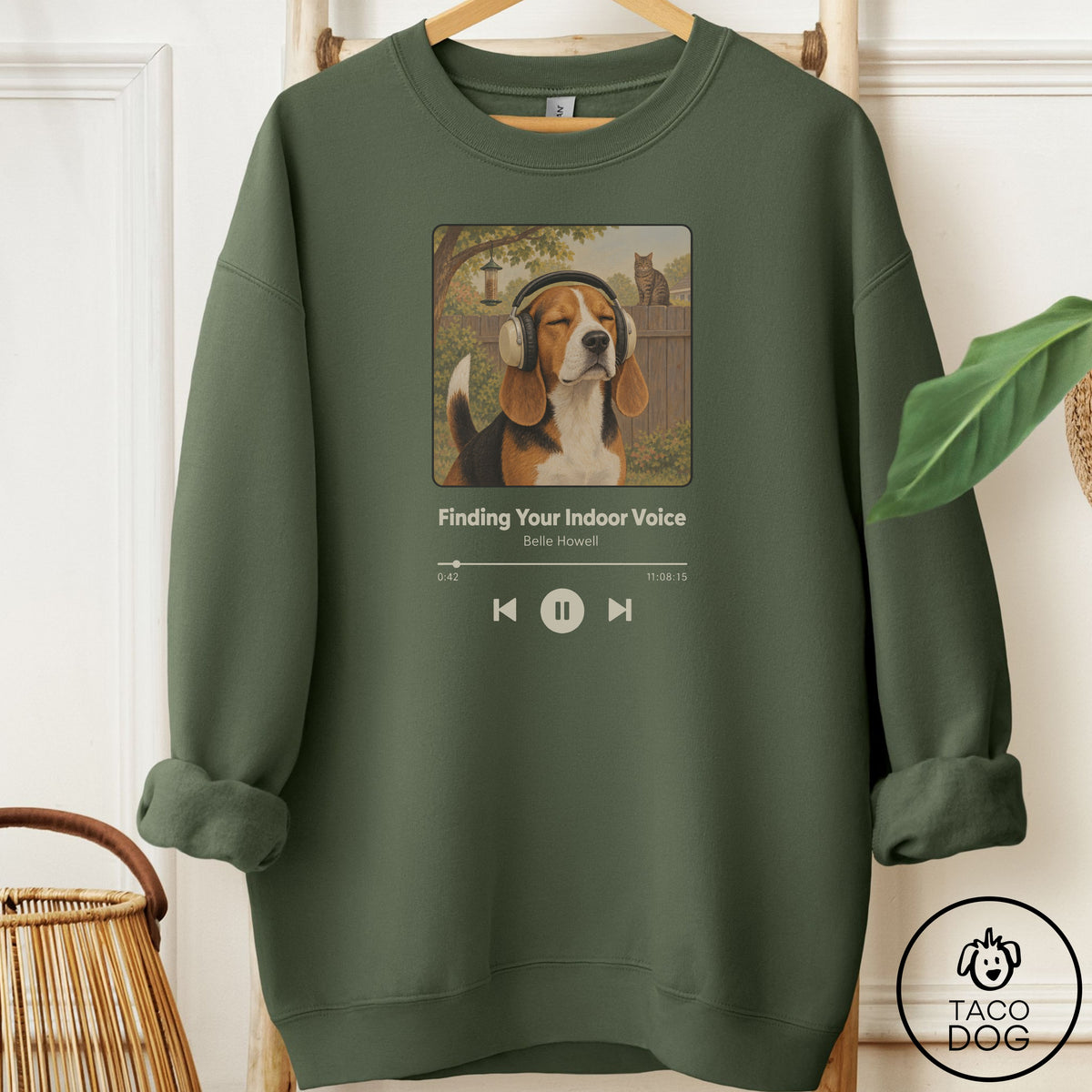 Beagle Book on Tape Sweatshirt Military Green Taco-Dog