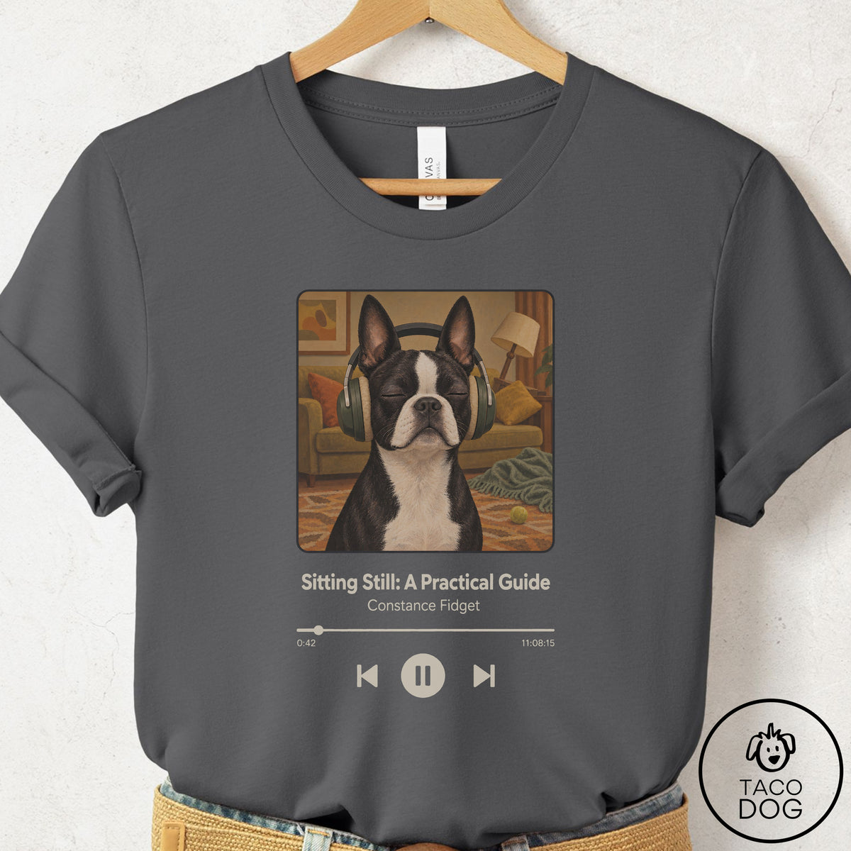 Boston Terrier Book on Tape T-Shirt Asphalt Taco-Dog