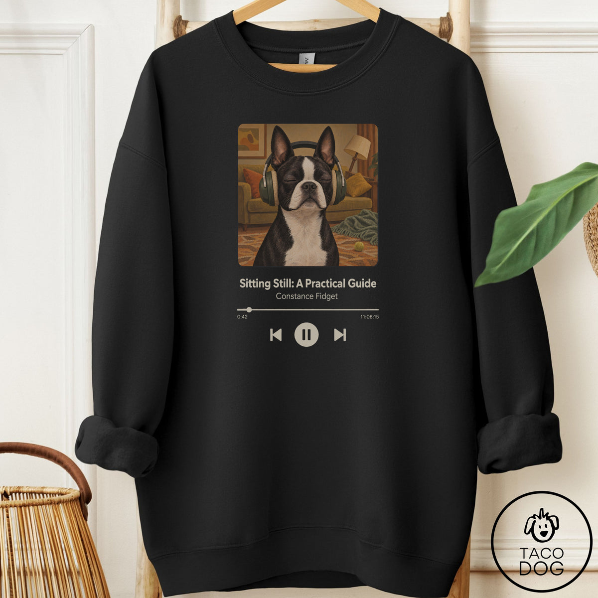 Boston Terrier Book on Tape Sweatshirt Black Taco-Dog