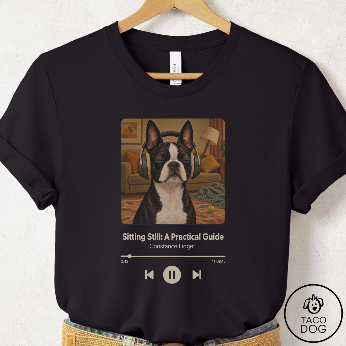Boston Terrier Book on Tape T-Shirt Black Taco-Dog