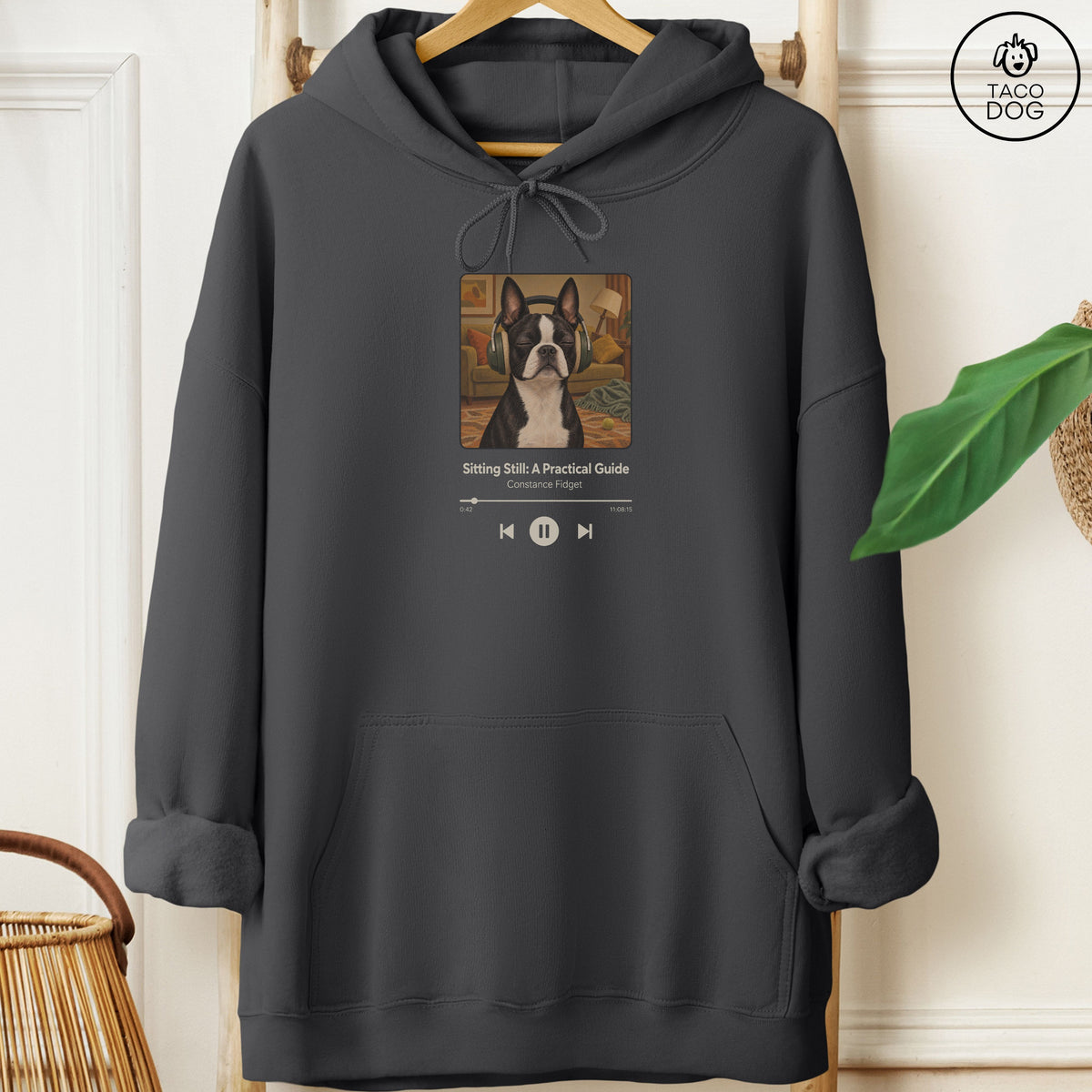 Boston Terrier Book on Tape Hoodie Charcoal Taco-Dog