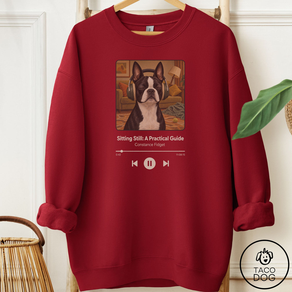 Boston Terrier Book on Tape Sweatshirt Garnet Taco-Dog