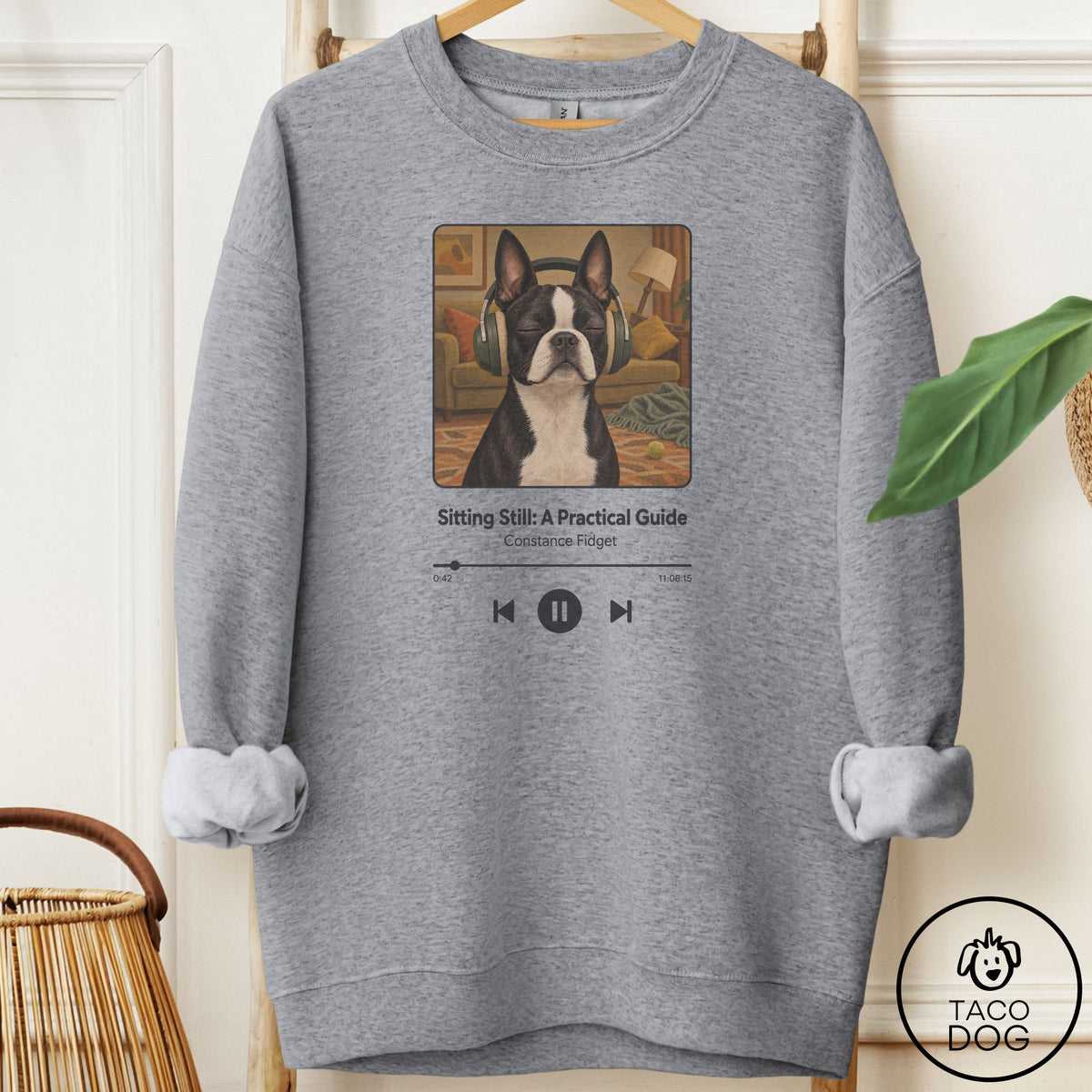 Boston Terrier Book on Tape Sweatshirt Graphite Heather Taco-Dog