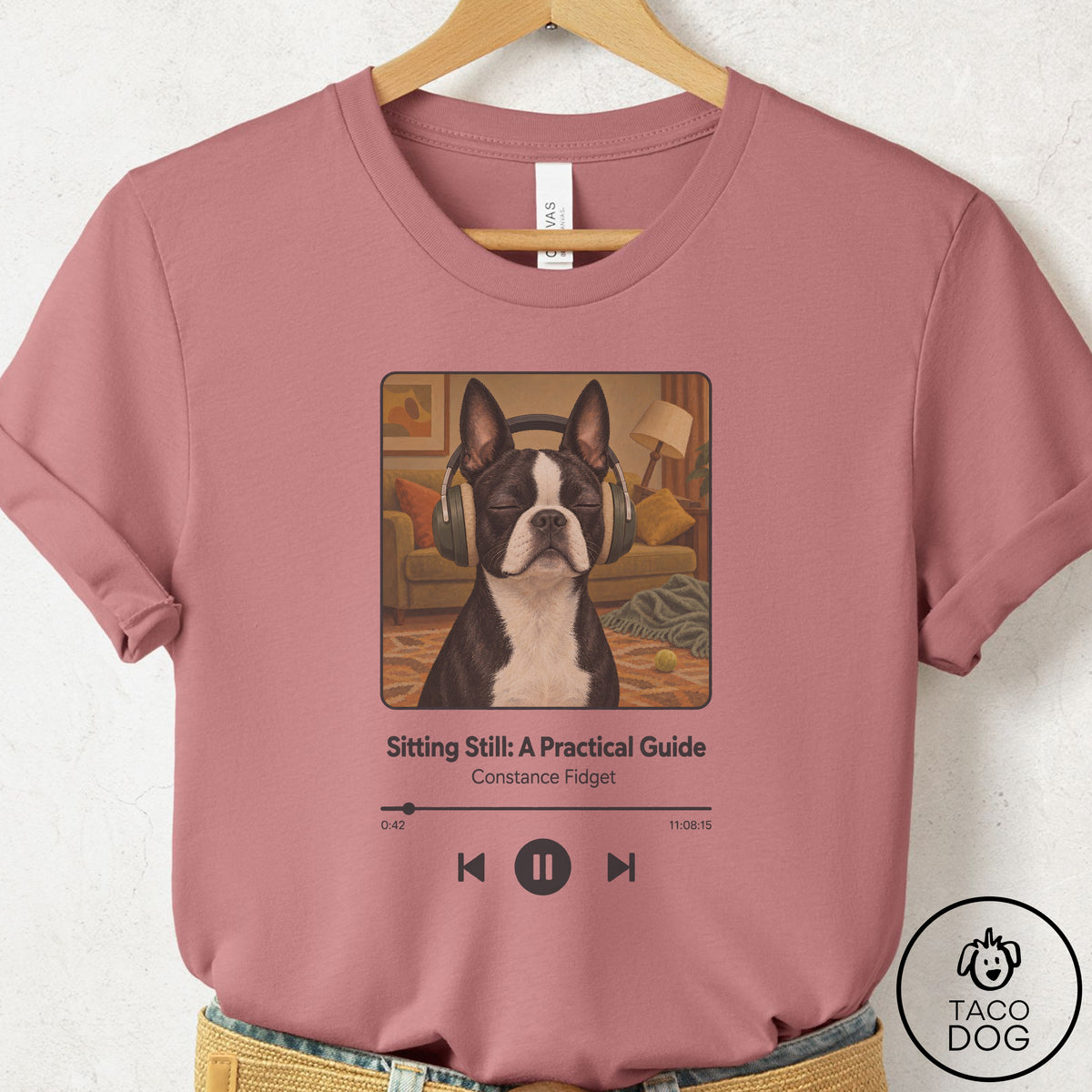 Boston Terrier Book on Tape T-Shirt Mauve Taco-Dog