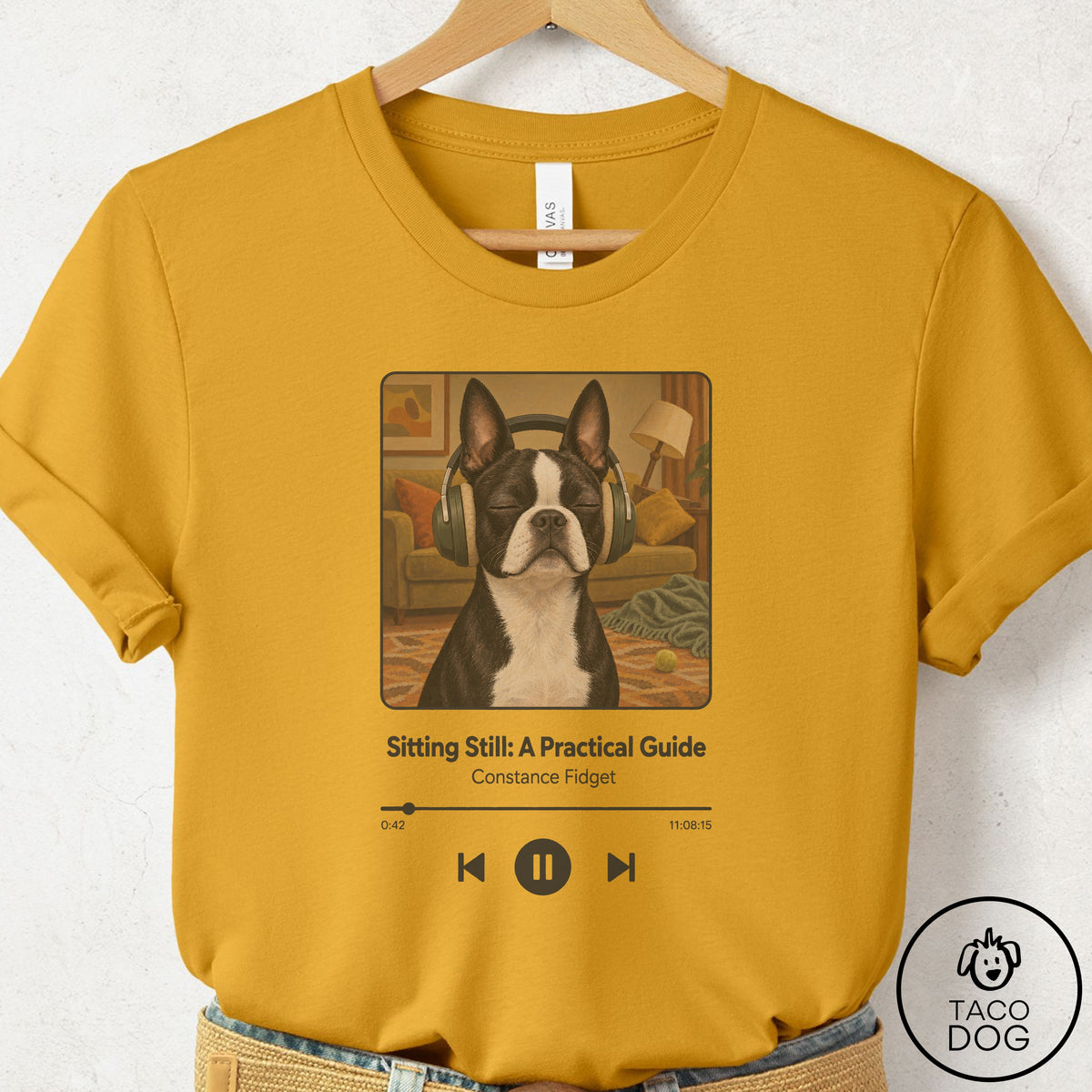 Boston Terrier Book on Tape T-Shirt Mustard Taco-Dog