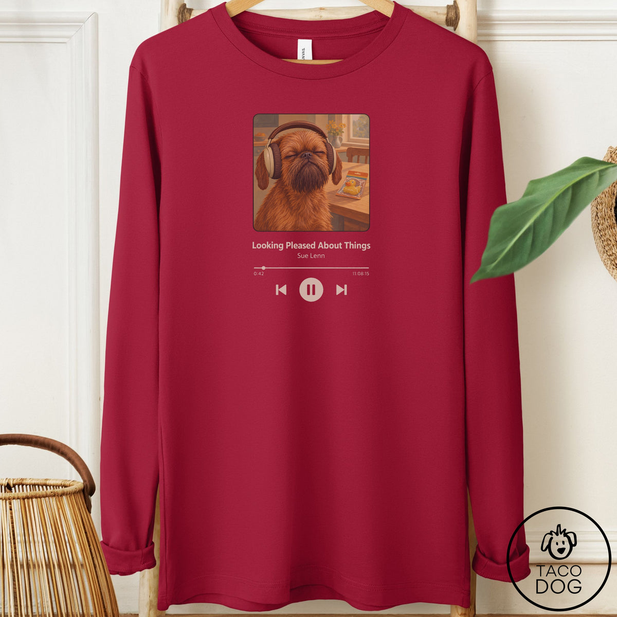 Brussels Griffon Book on Tape Long Sleeve Tee Cardinal Taco-Dog