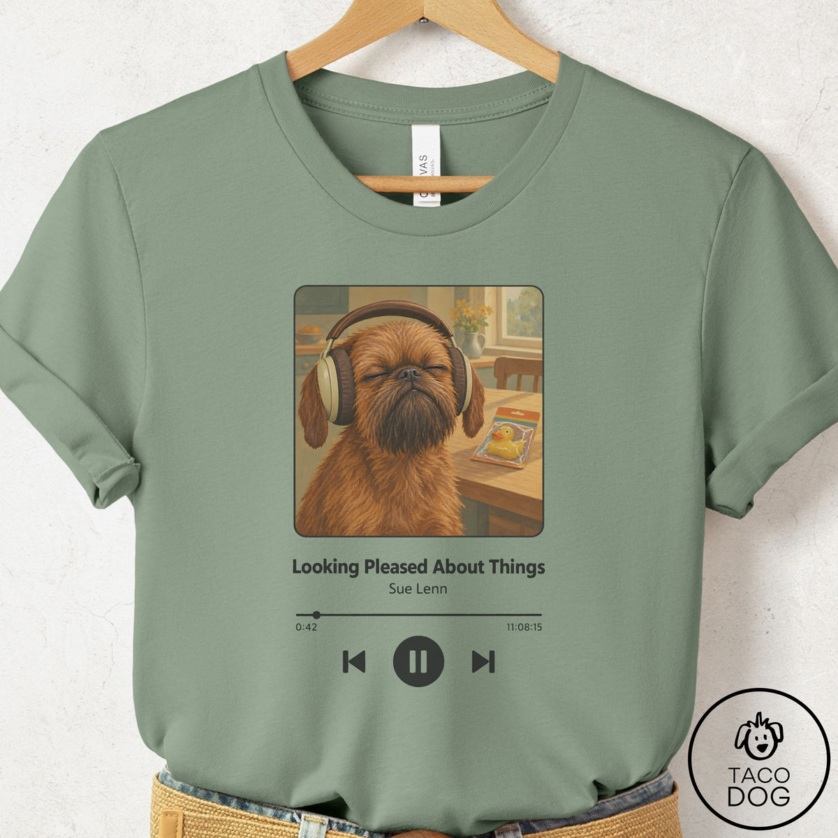Brussels Griffon Book on Tape T-Shirt Sage Taco-Dog