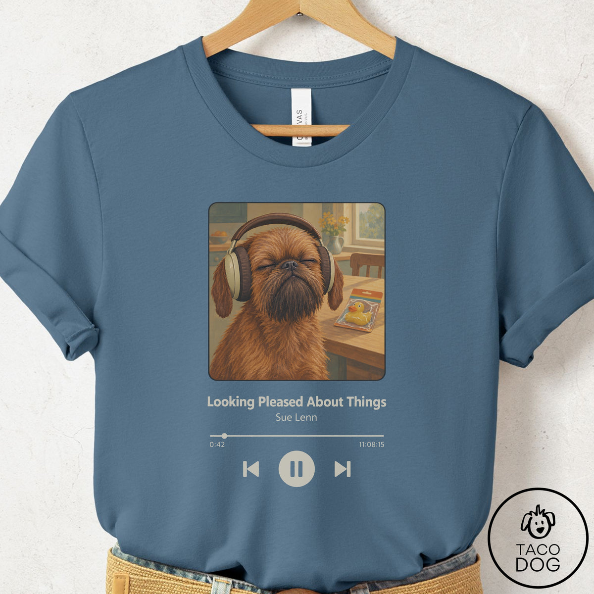 Brussels Griffon Book on Tape T-Shirt Steel Blue Taco-Dog