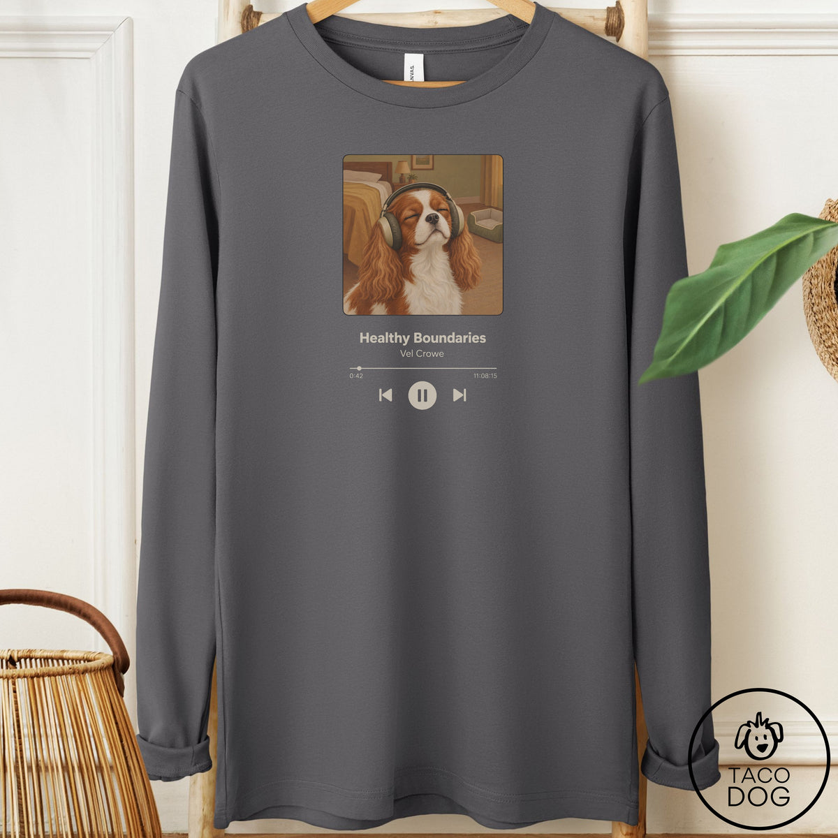 Cavalier King Charles Spaniel Book on Tape Long Sleeve Tee Asphalt Taco-Dog