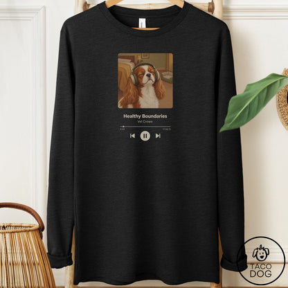 Cavalier King Charles Spaniel Book on Tape Long Sleeve Tee Black Heather Taco-Dog