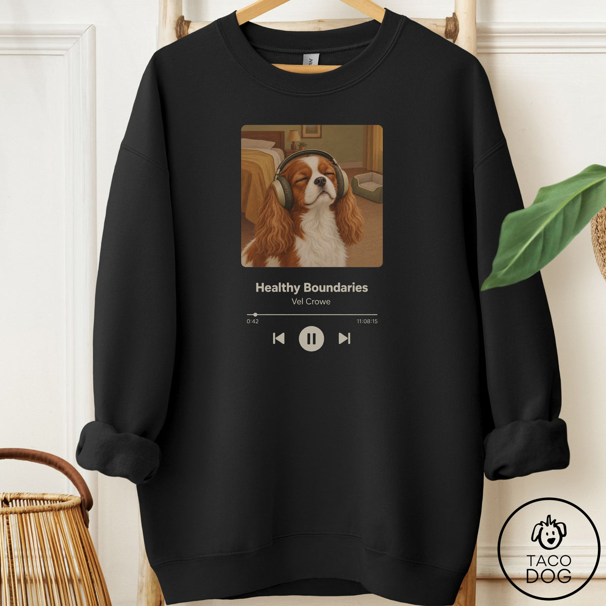 Cavalier King Charles Spaniel Book on Tape Sweatshirt Black Taco-Dog