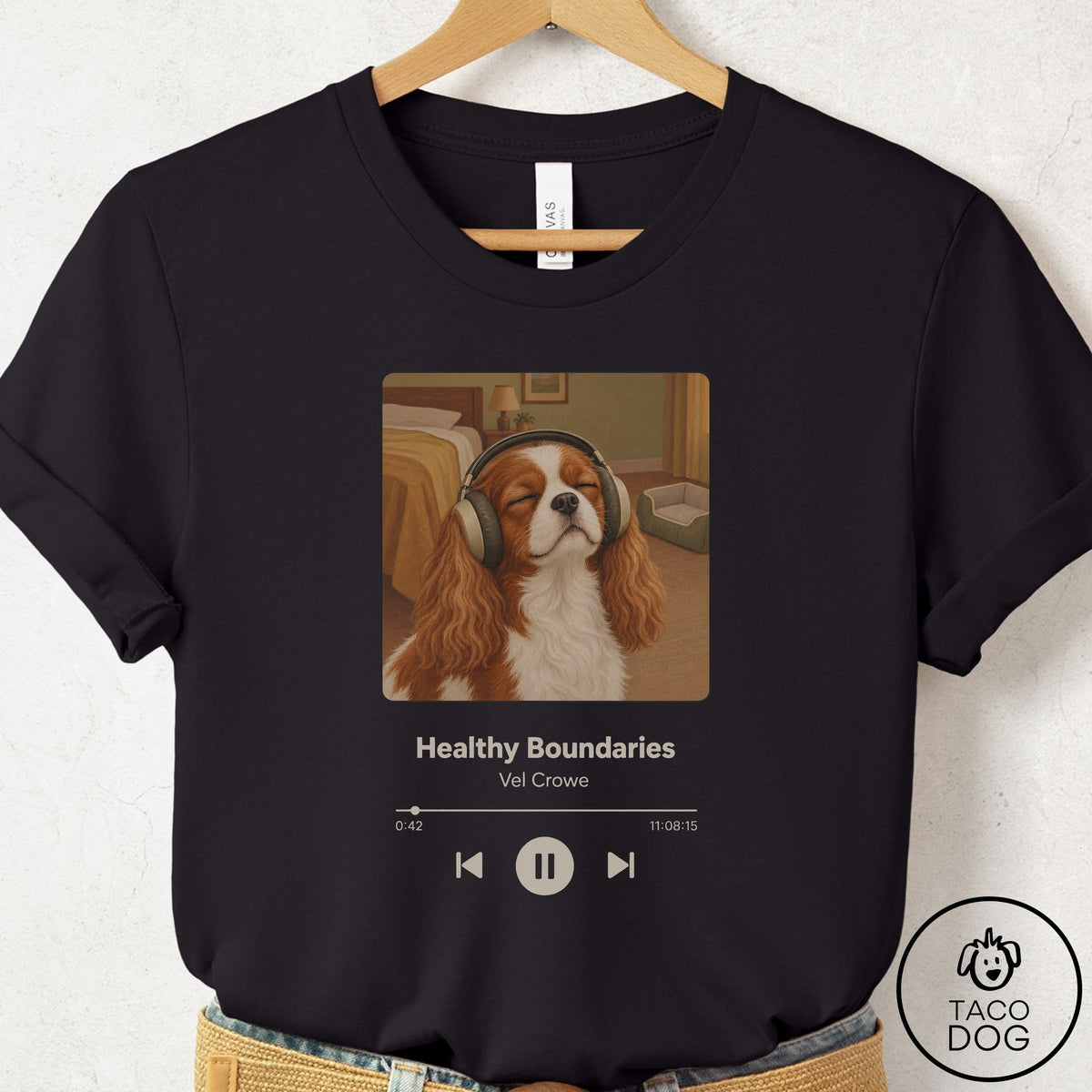 Cavalier King Charles Spaniel Book on Tape T-Shirt, design close-up
