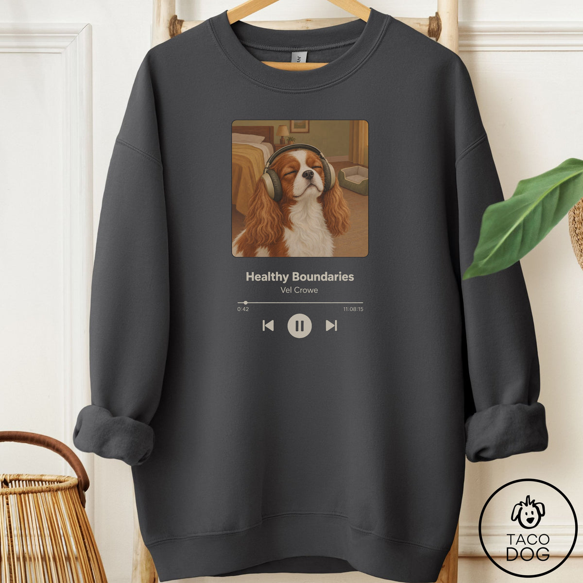 Cavalier King Charles Spaniel Book on Tape Sweatshirt Charcoal Taco-Dog