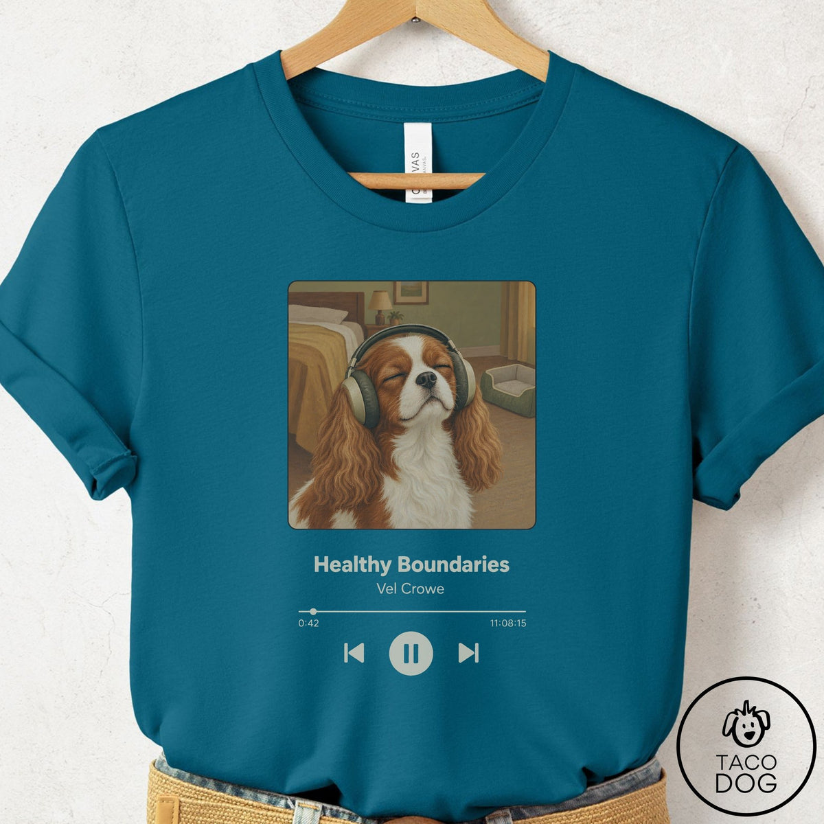 Cavalier King Charles Spaniel Book on Tape T-Shirt Deep Teal Taco-Dog