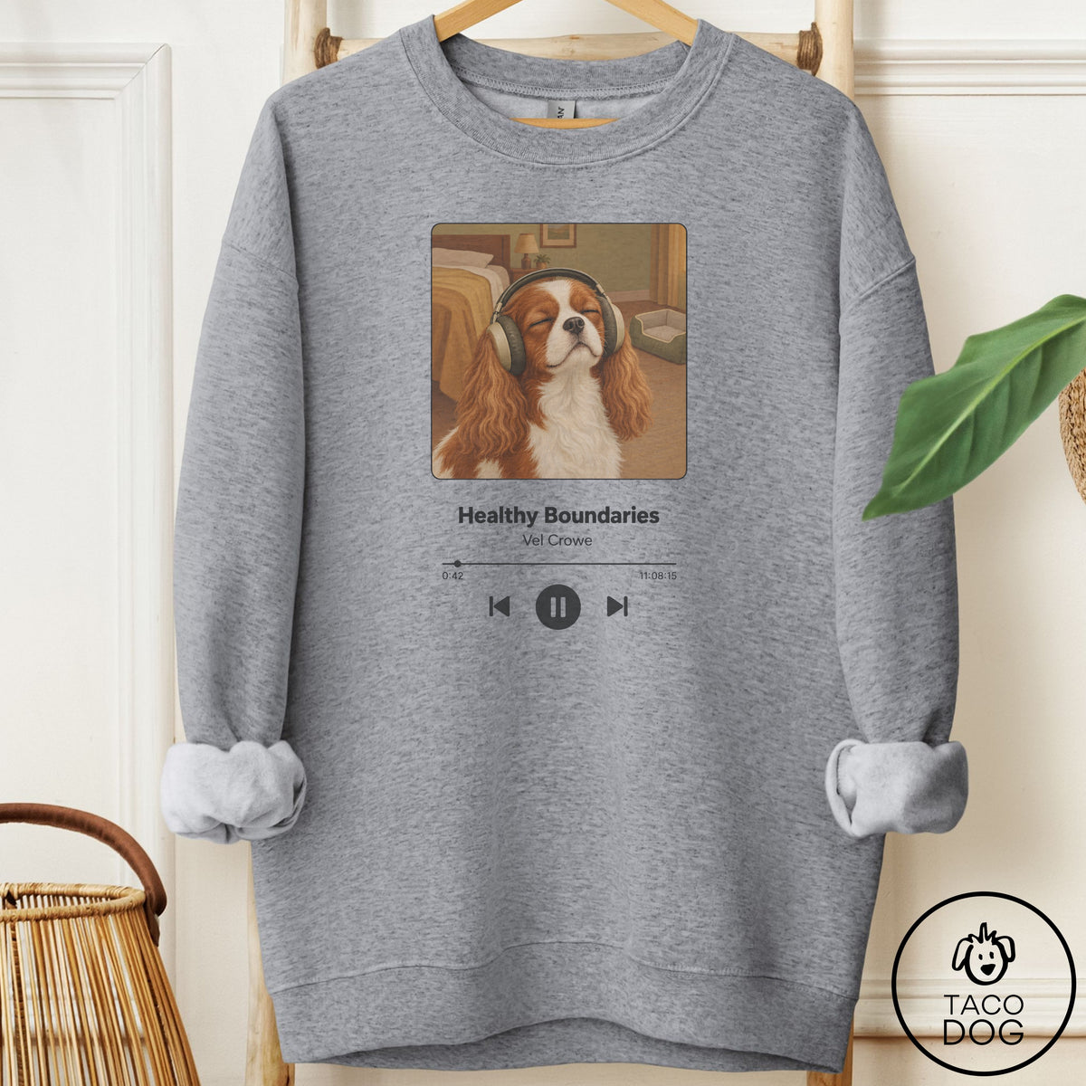Cavalier King Charles Spaniel Book on Tape Sweatshirt Graphite Heather Taco-Dog