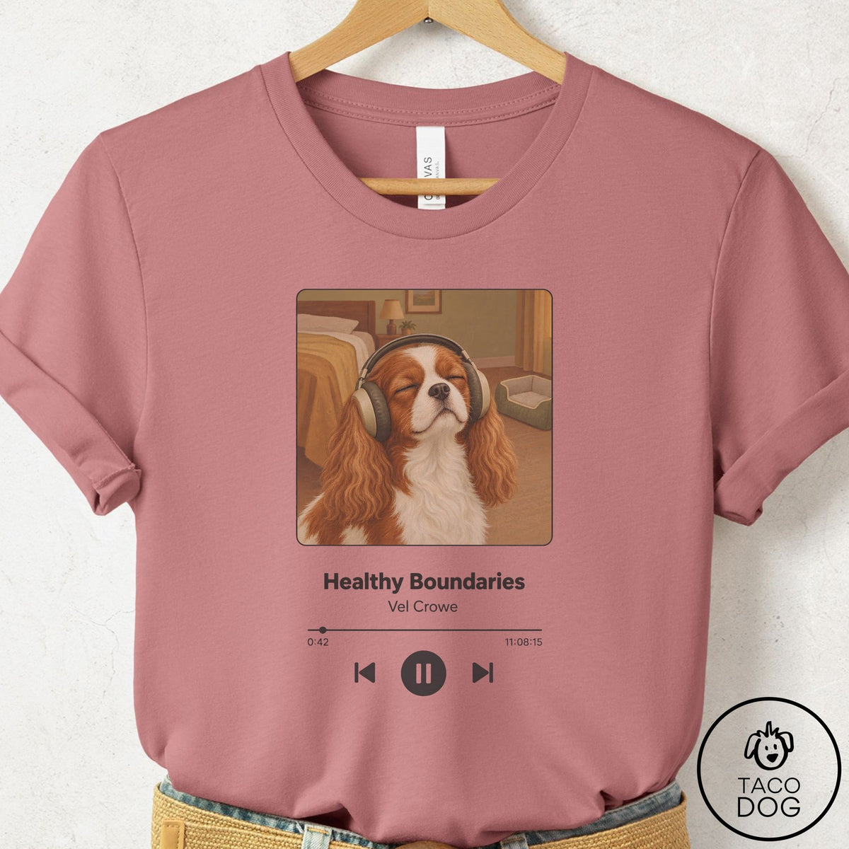 Cavalier King Charles Spaniel Book on Tape T-Shirt Mauve Taco-Dog
