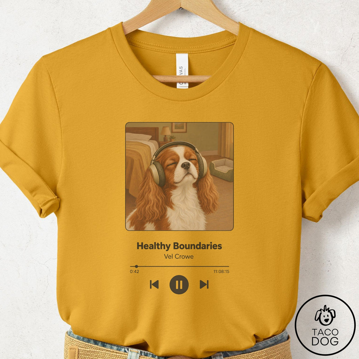 Cavalier King Charles Spaniel Book on Tape T-Shirt Mustard Taco-Dog